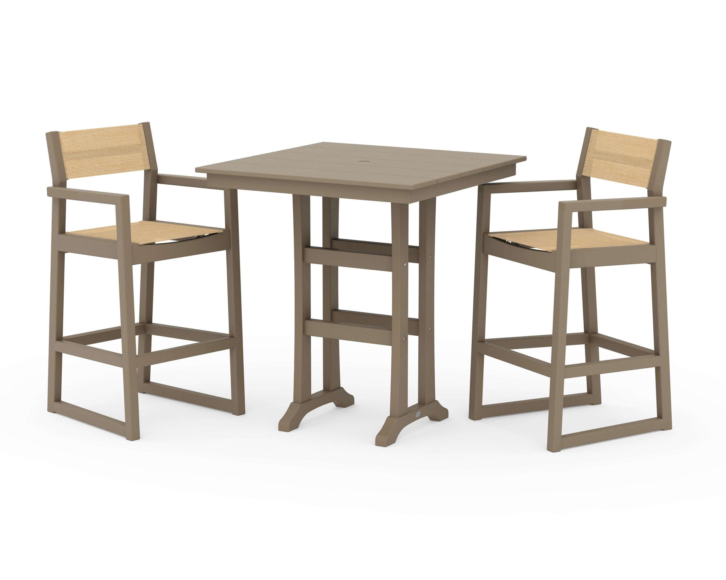 POLYWOOD EDGE Sling Arm Chair 3-Piece Farmhouse Bar Set with Trestle Legs in Vintage Sahara / Dupioni Apricot Sling