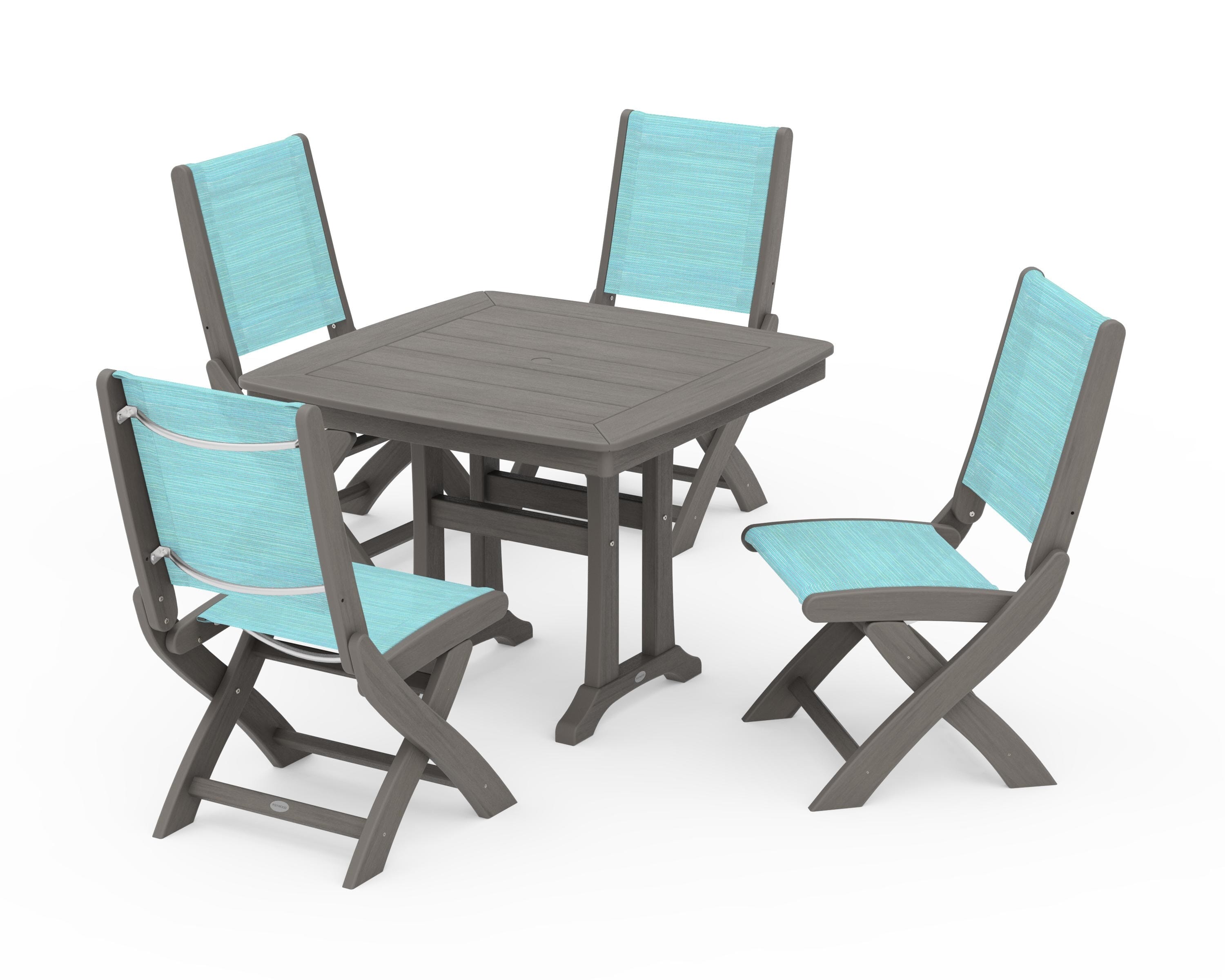 POLYWOOD Coastal Folding Side Chair 5-Piece Dining Set with Trestle Legs in Driftwood / Dupioni Aquamarine Sling