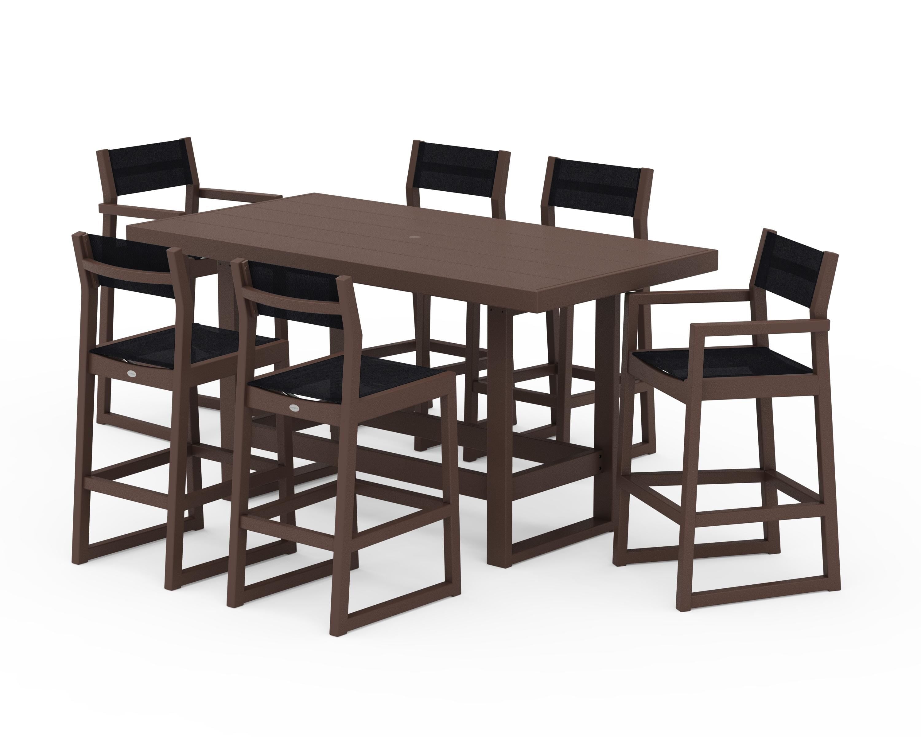 POLYWOOD EDGE Sling 7-Piece Bar Table Set in Mahogany / Black Sling