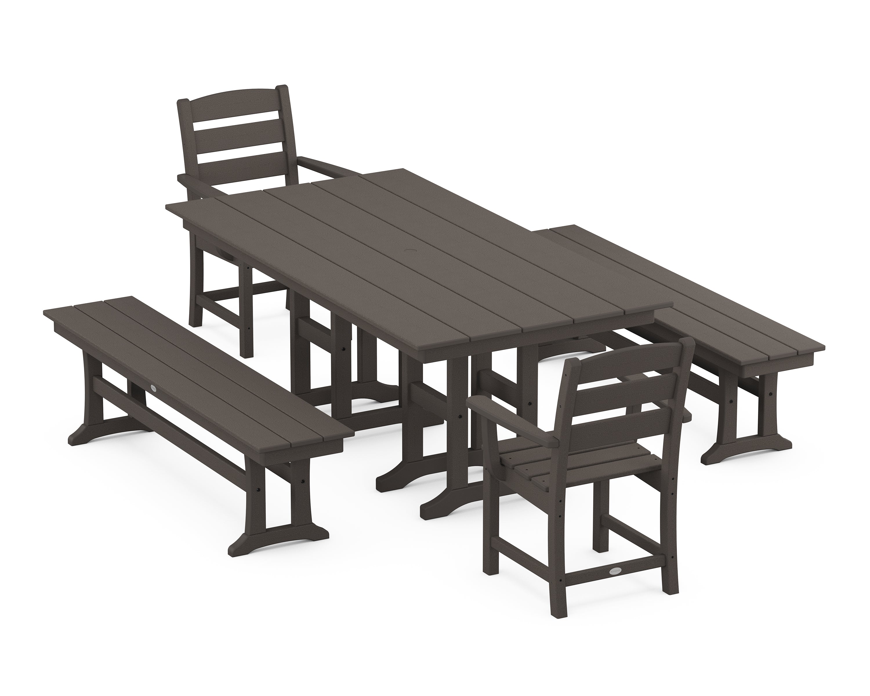 POLYWOOD Lakeside 5-Piece Farmhouse Dining Set with Benches in Vintage Coffee