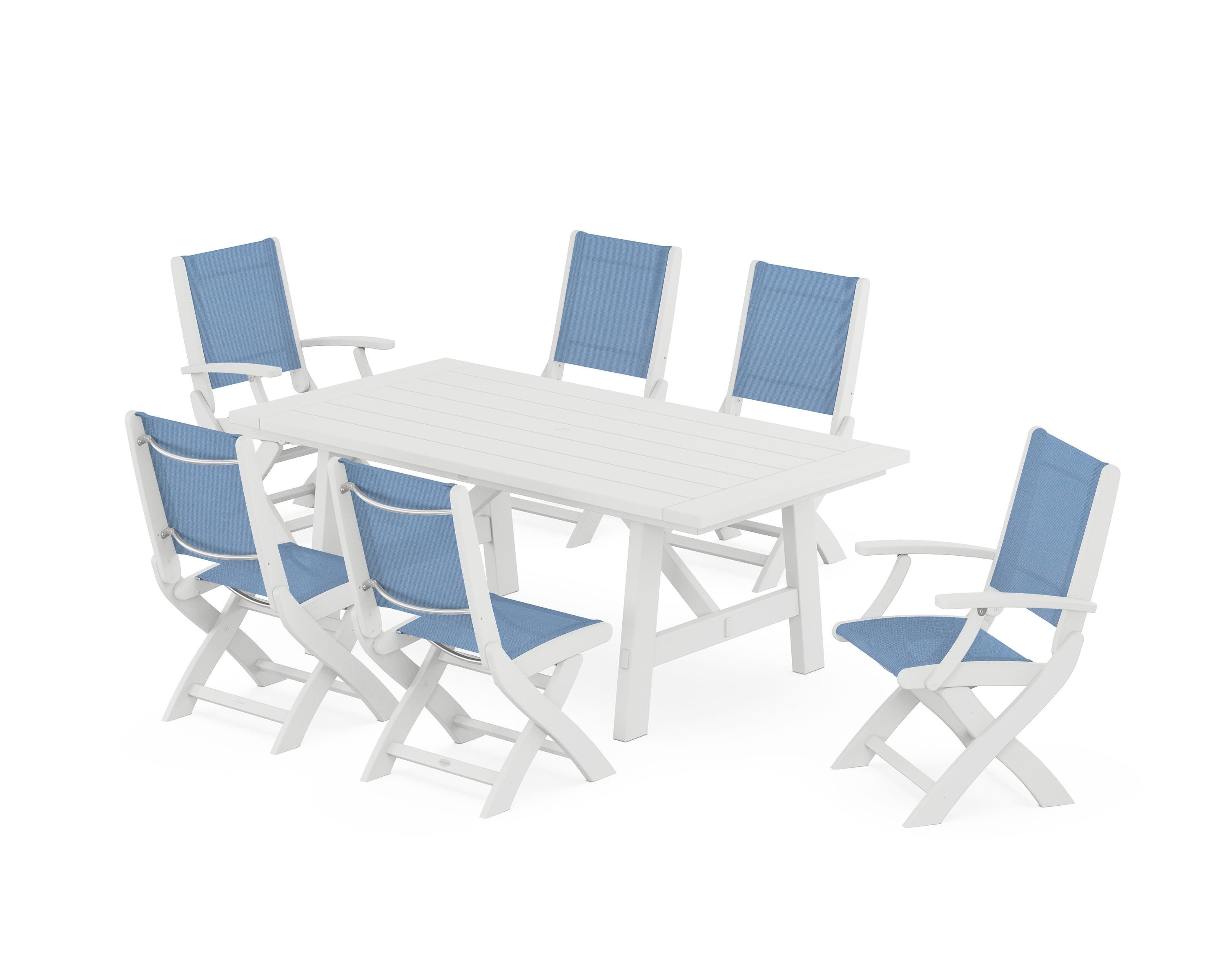 POLYWOOD Coastal Folding Chair 7-Piece Rustic Farmhouse Dining Set in White / Poolside Sling