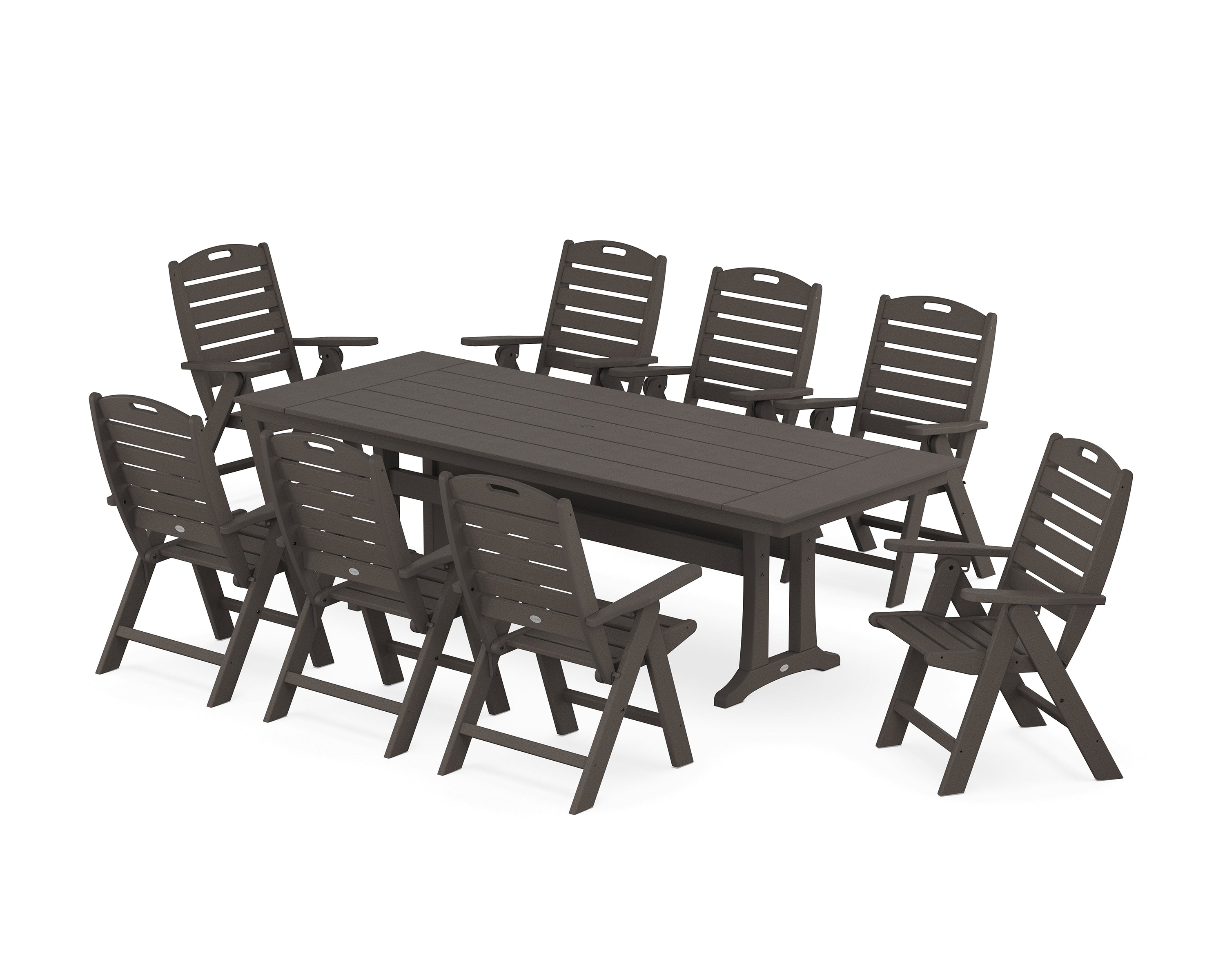 POLYWOOD® Nautical Highback 9-Piece Farmhouse Dining Set with Trestle Legs in Vintage Coffee