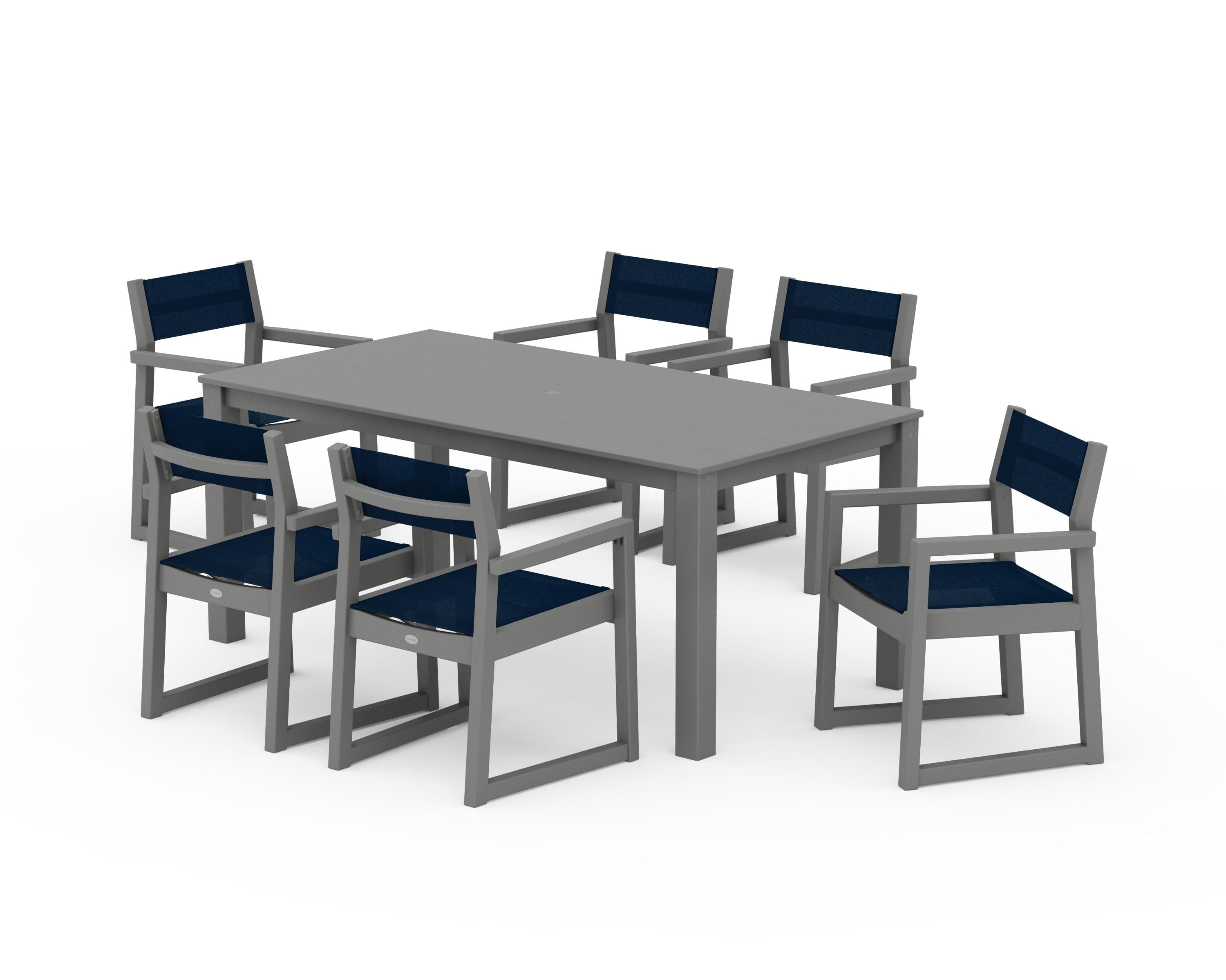 POLYWOOD EDGE Sling Arm Chair 7-Piece Parsons Dining Set in Slate Grey / Navy Blue Sling