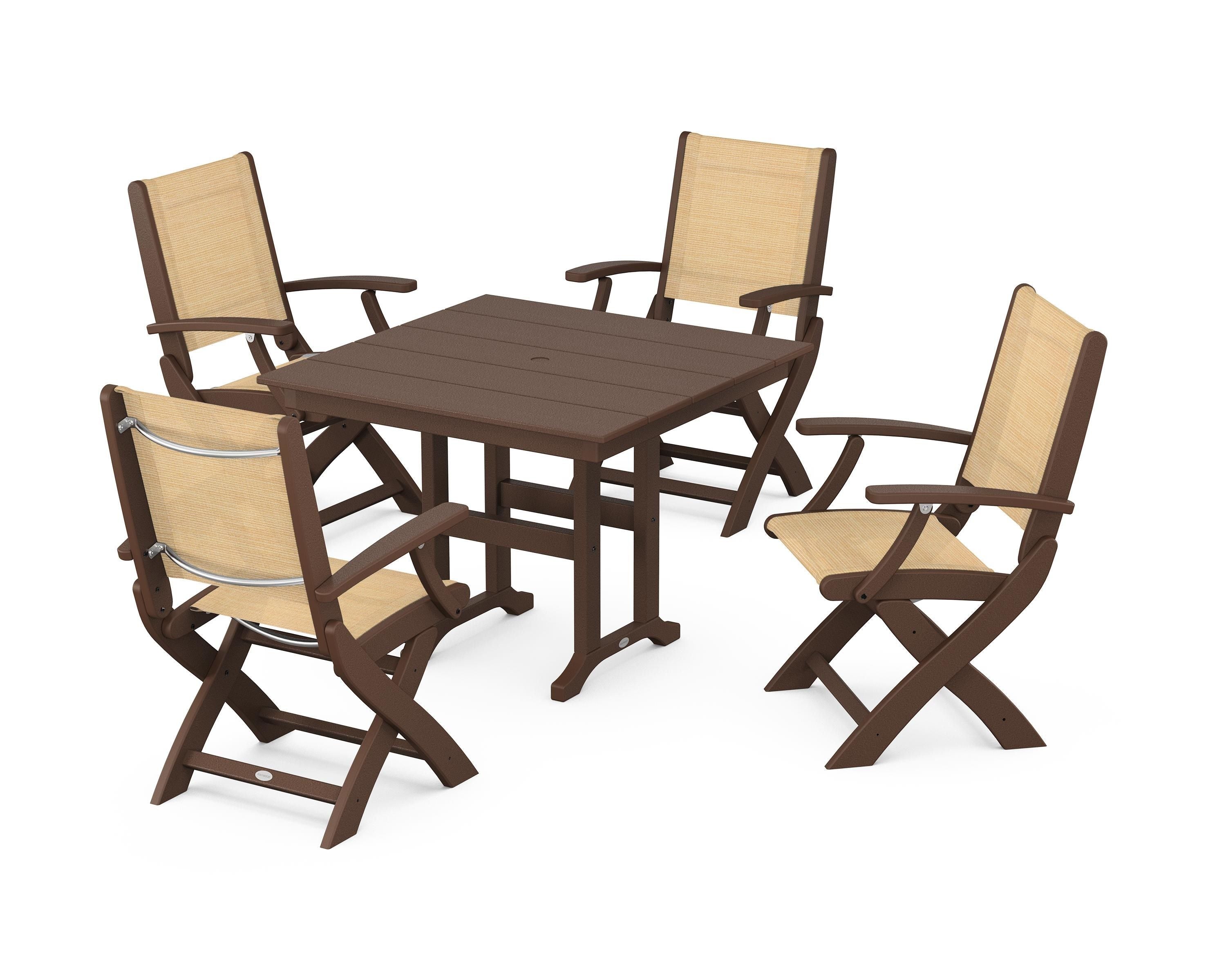 POLYWOOD Coastal Folding Chair 5-Piece Farmhouse Dining Set in Mahogany / Dupioni Apricot Sling