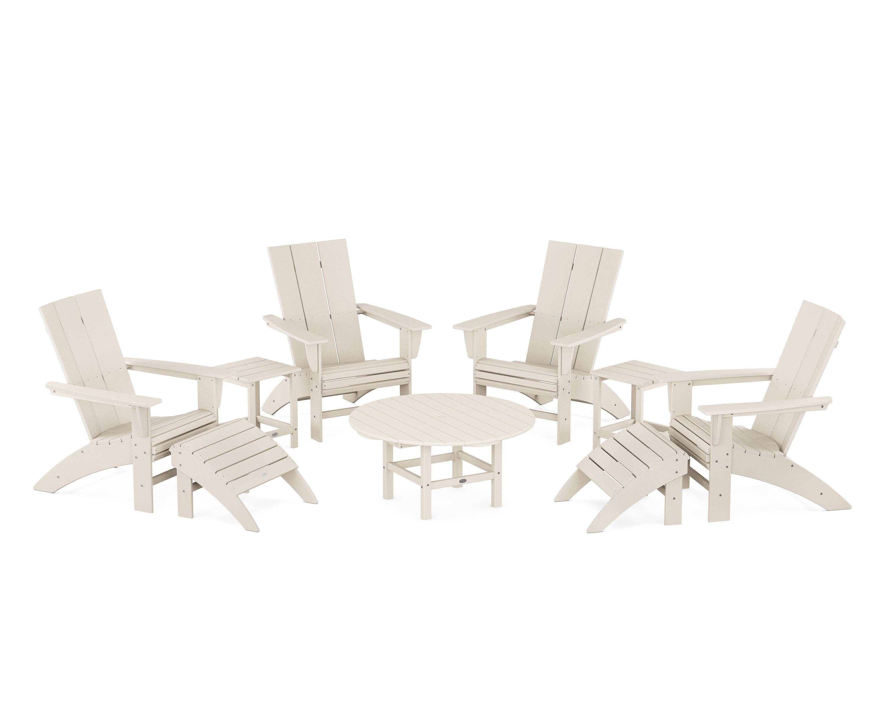 POLYWOOD® Modern Curveback Adirondack Chair 9-Piece Conversation Set in Sand