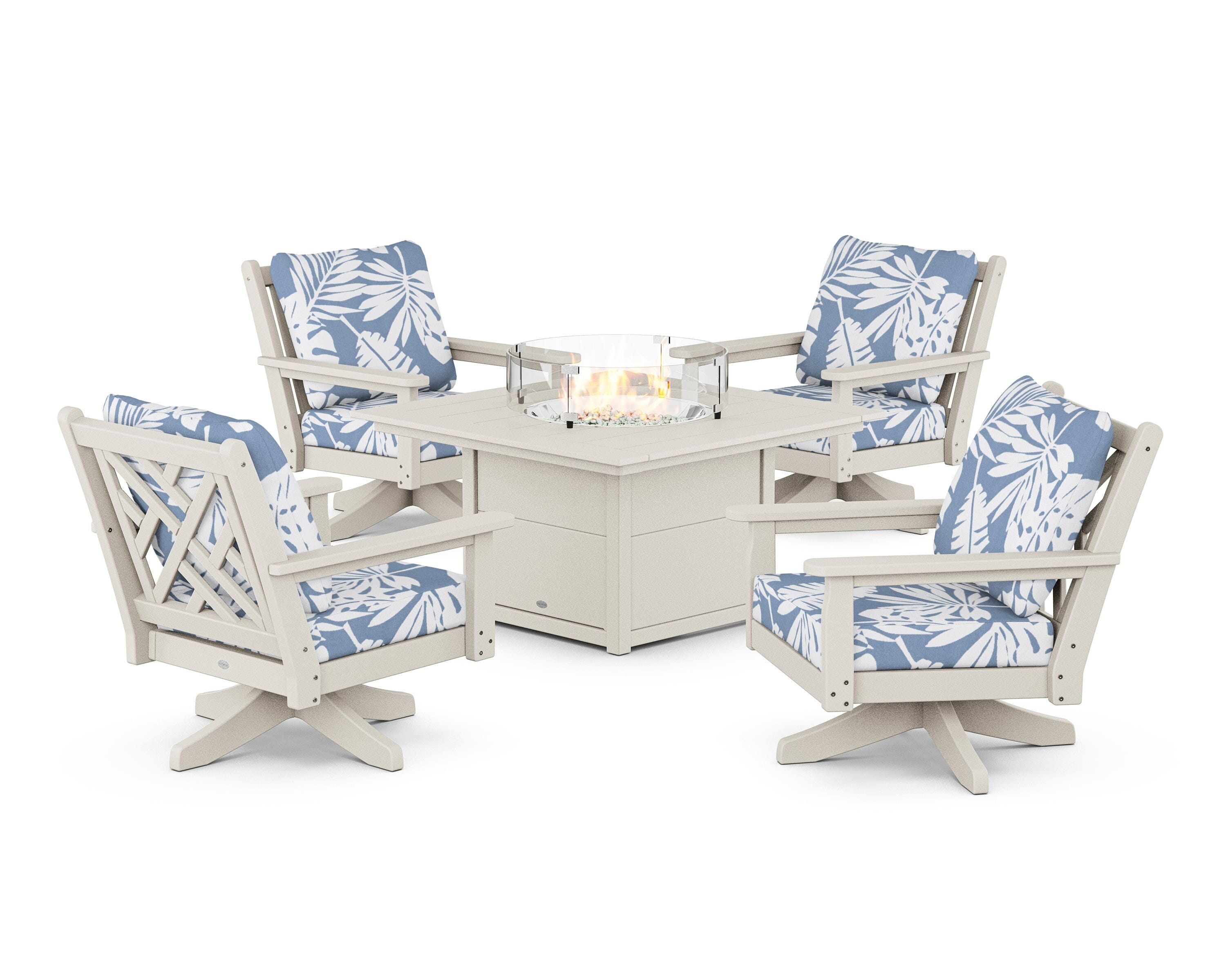 POLYWOOD Chippendale 5-Piece Deep Seating Swivel Conversation Set with Fire Pit Table in Sand / Leaf Sky Blue