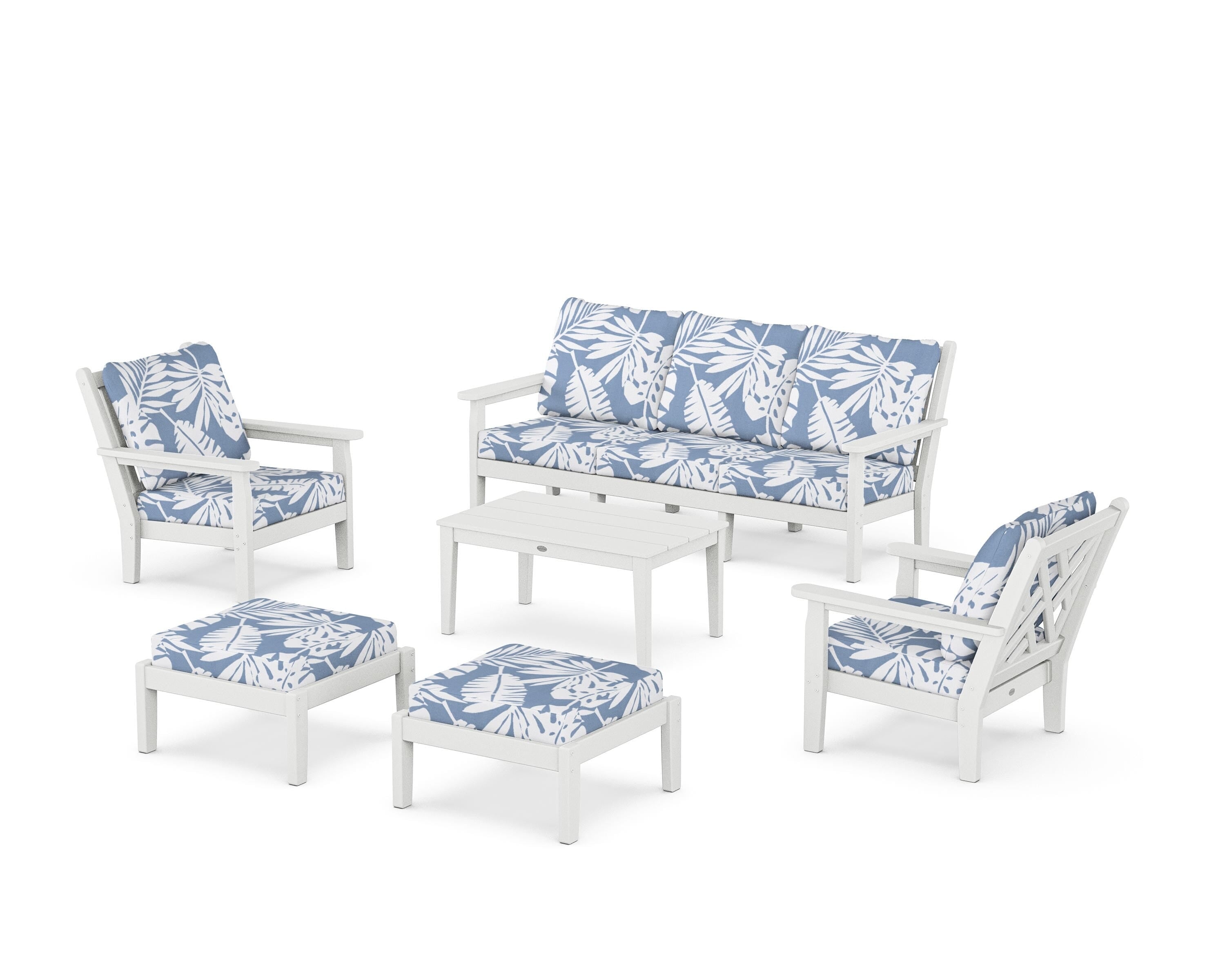 POLYWOOD Chippendale 6-Piece Lounge Sofa Set in White / Leaf Sky Blue
