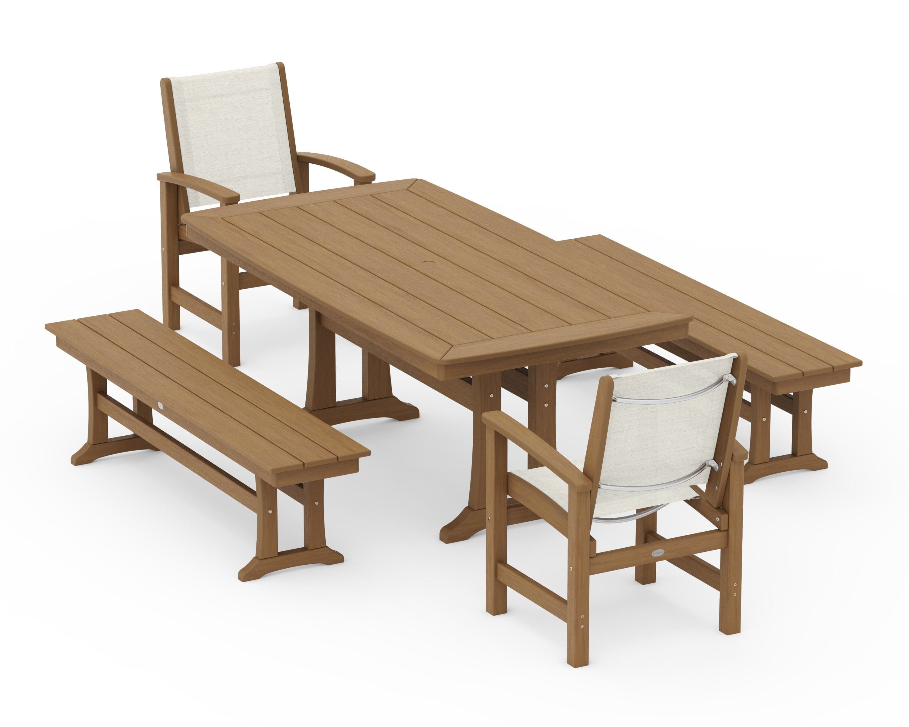 POLYWOOD Coastal 5-Piece Dining Set with Trestle Legs and Benches in Natural / Parchment Sling
