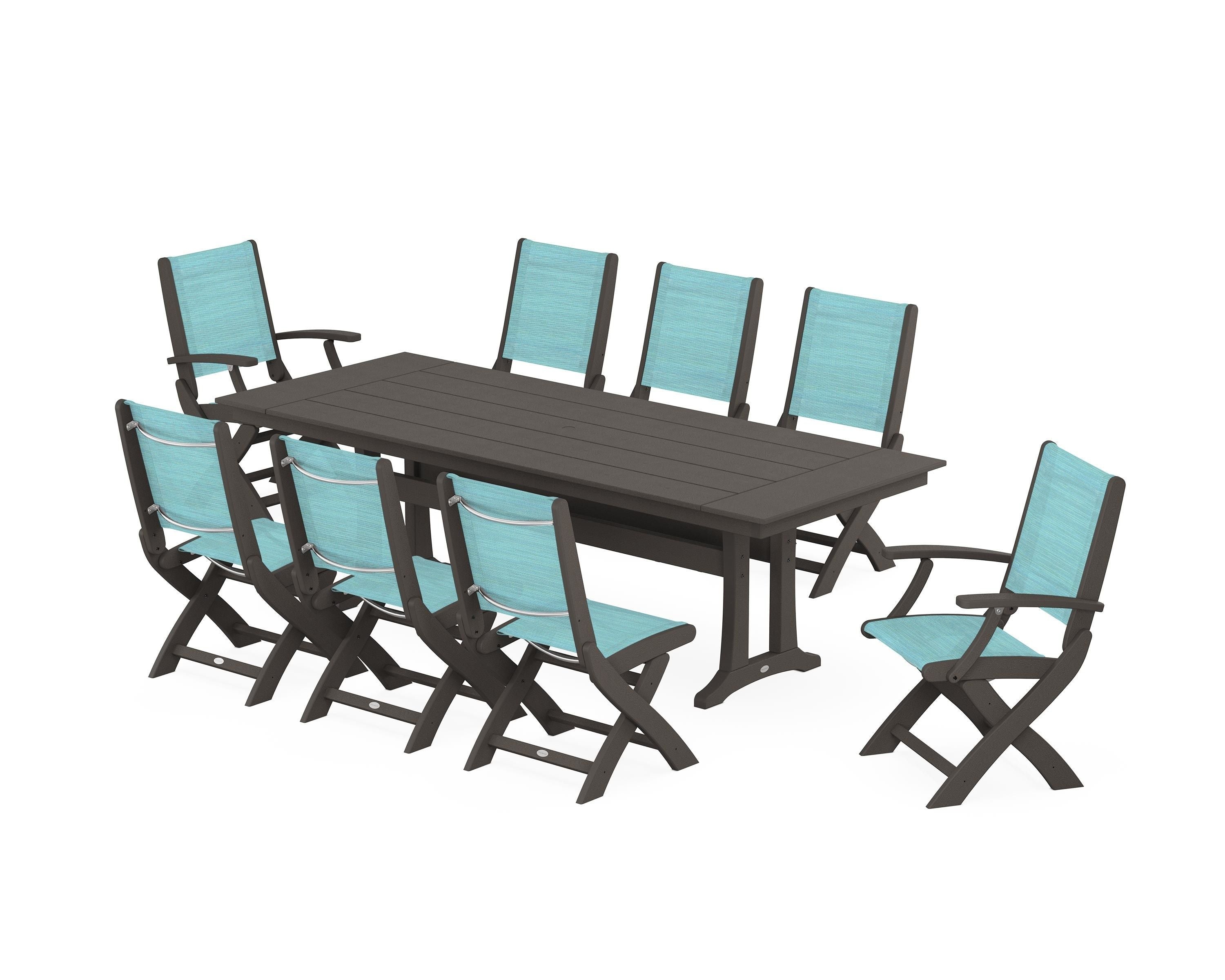 POLYWOOD Coastal 9-Piece Folding Dining Chair Farmhouse Dining Set with Trestle Legs in Vintage Coffee / Dupioni Aquamarine Sling