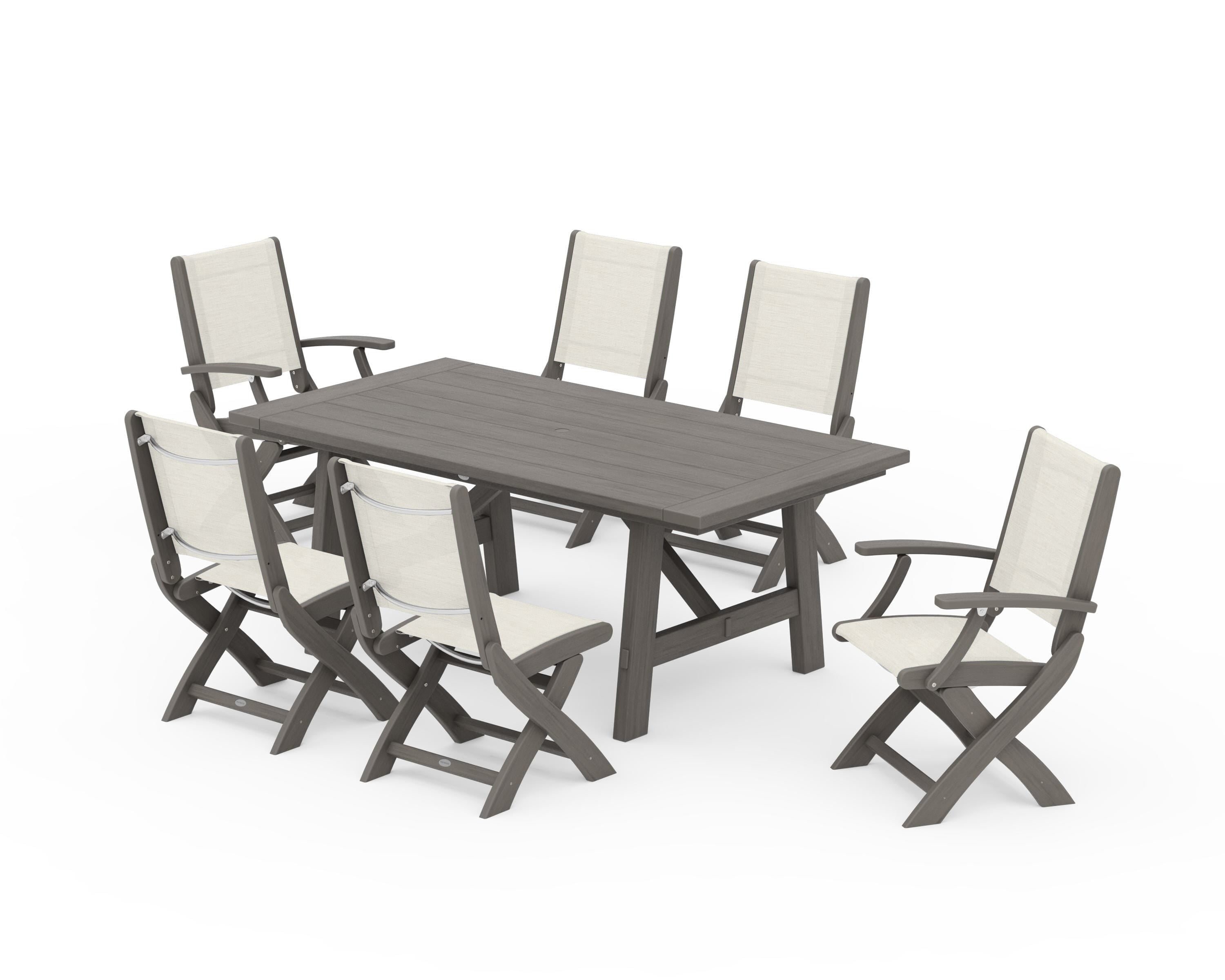 POLYWOOD Coastal Folding Chair 7-Piece Rustic Farmhouse Dining Set in Driftwood / Parchment Sling