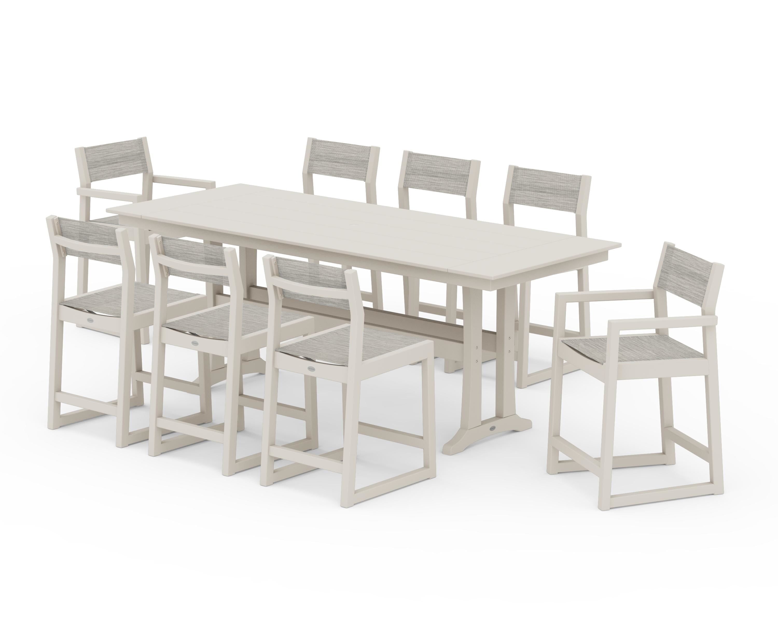 POLYWOOD EDGE Sling 9-Piece Farmhouse Counter Set with Trestle Legs in Sand / Birch Sling