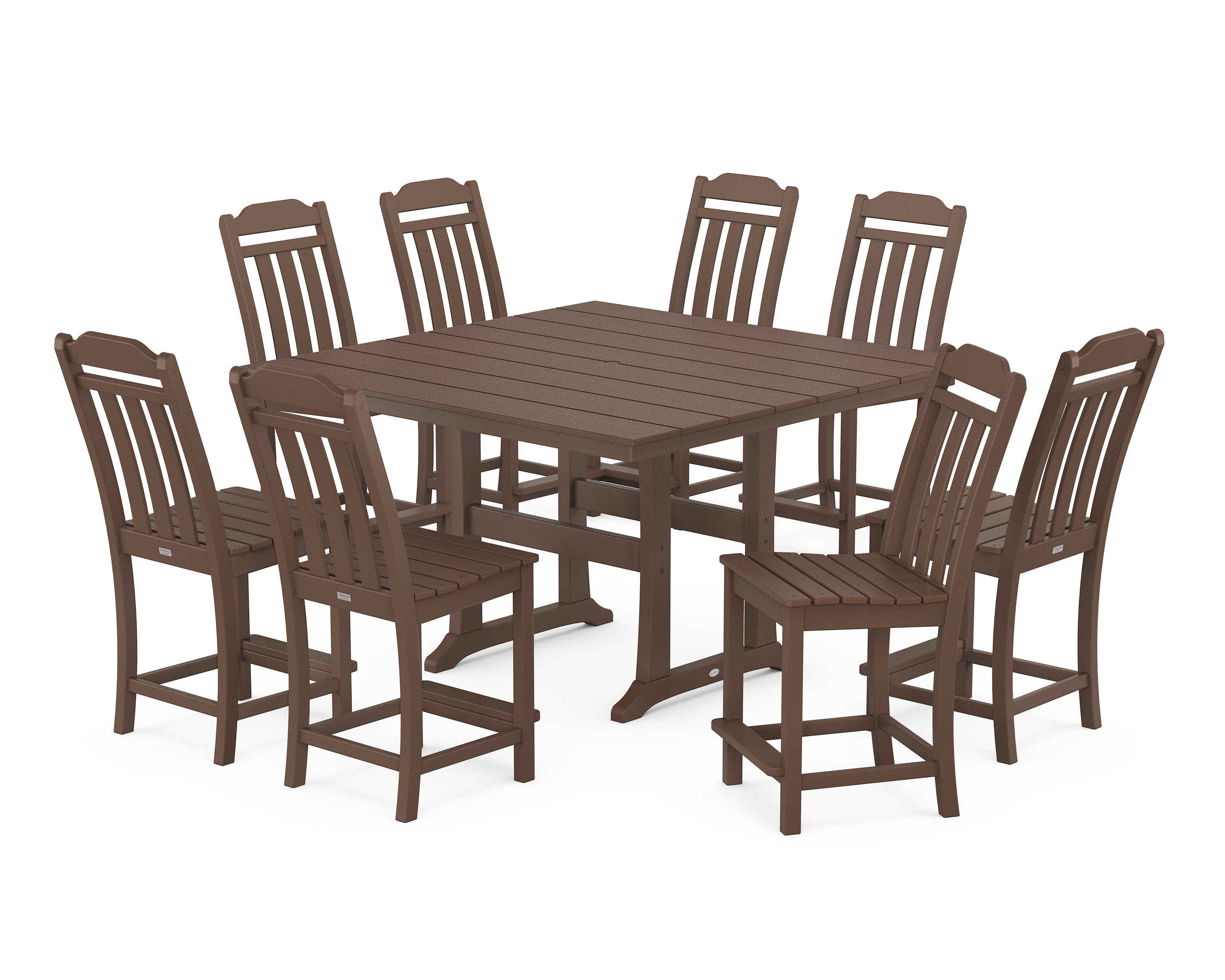 POLYWOOD Country Living 9-Piece Square Farmhouse Side Chair Counter Set with Trestle Legs in Mahogany