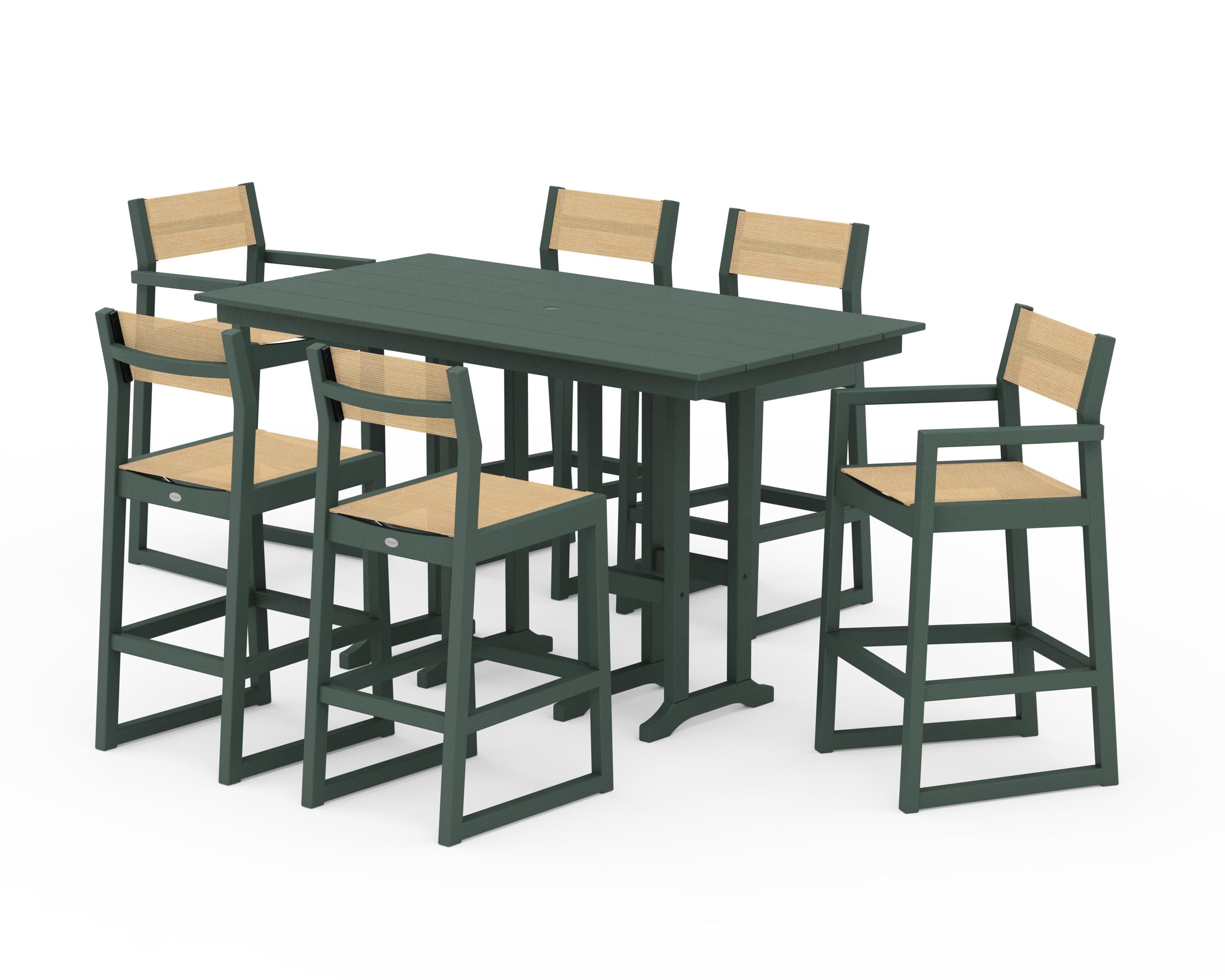 POLYWOOD EDGE Sling 7-Piece Farmhouse Bar Set in Green / Dupioni Apricot Sling