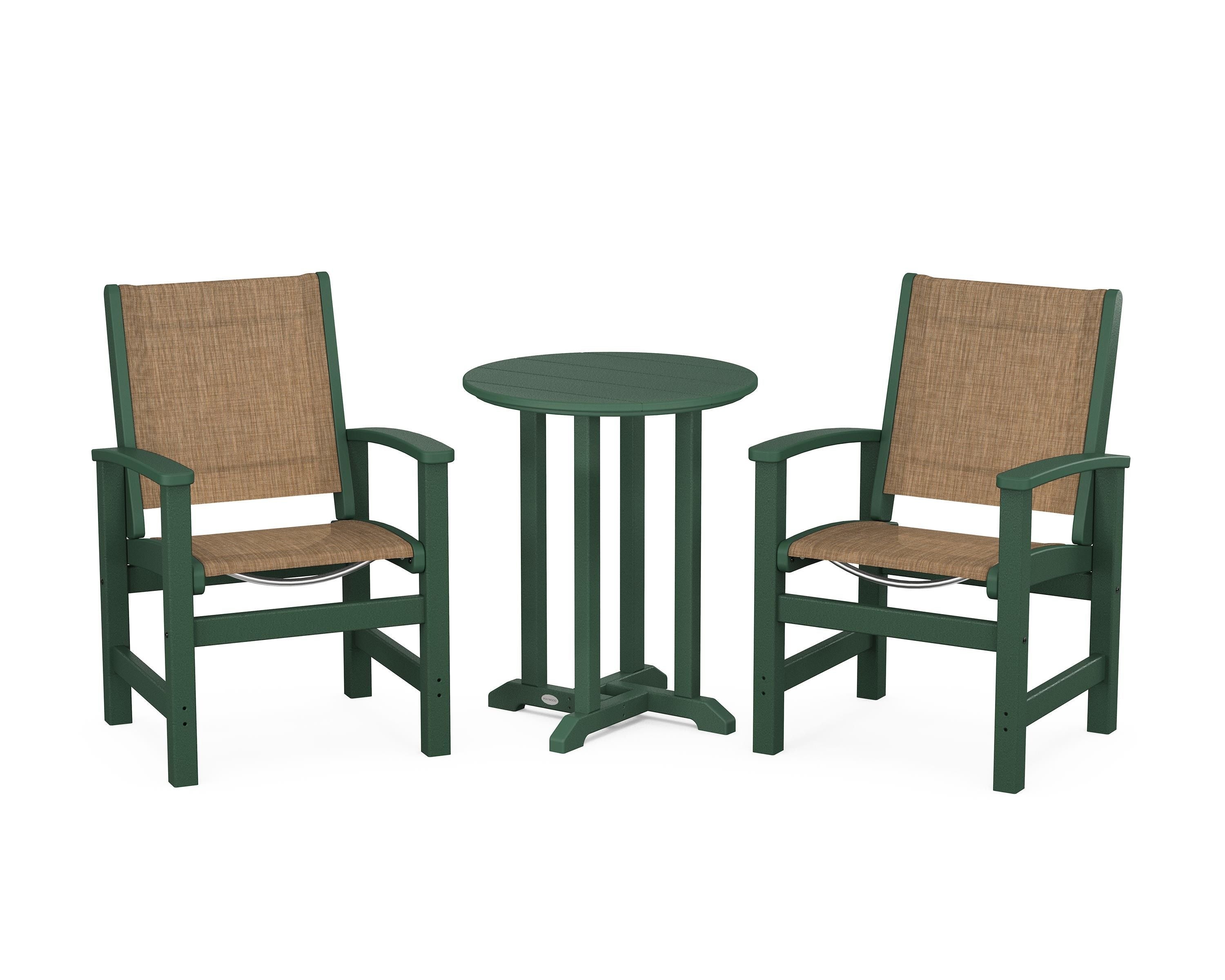 POLYWOOD Coastal 3-Piece Round Bistro Dining Set in Green / Burlap Sling