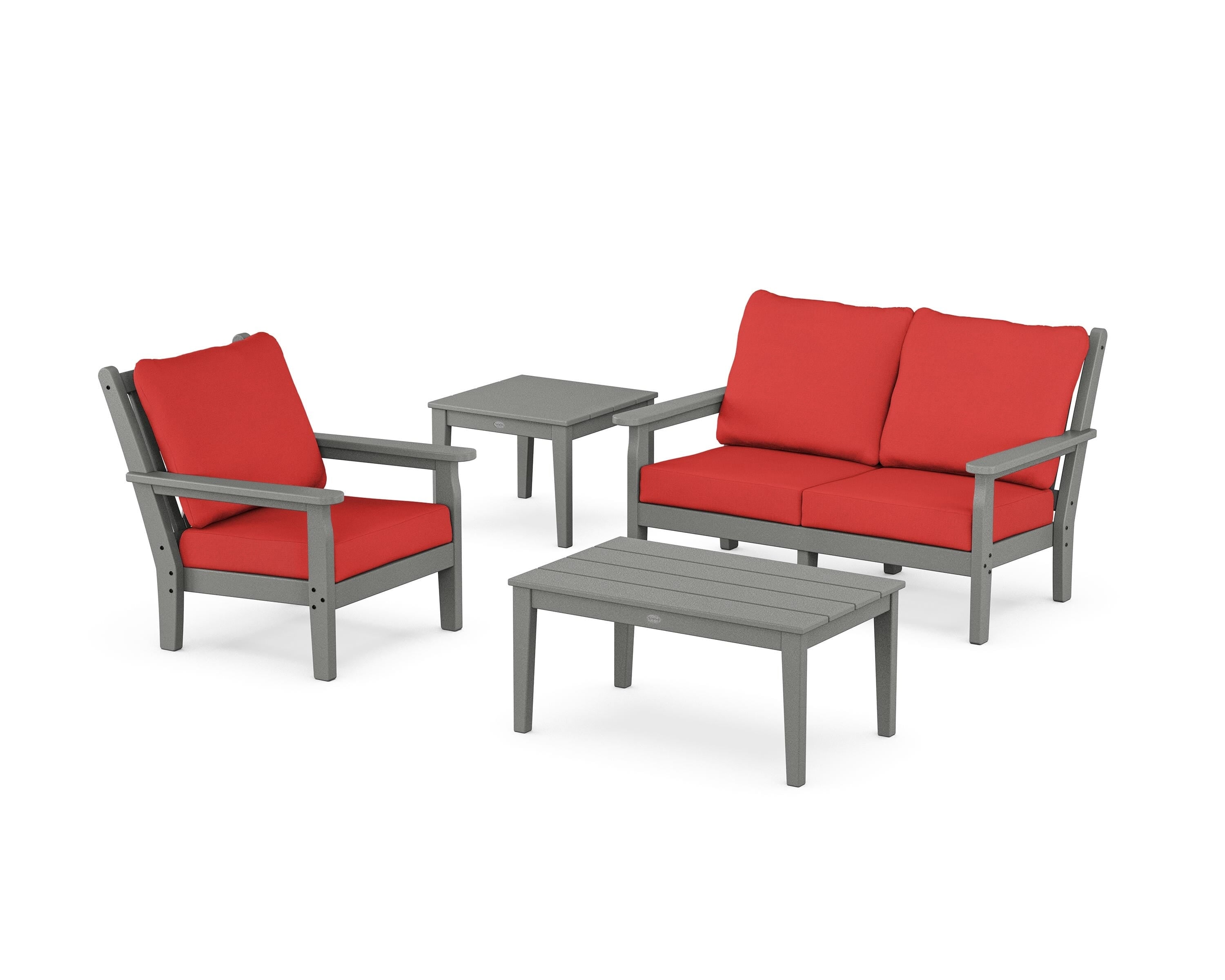 POLYWOOD Chippendale 4-Piece Deep Seating Set in Slate Grey / Crimson Linen