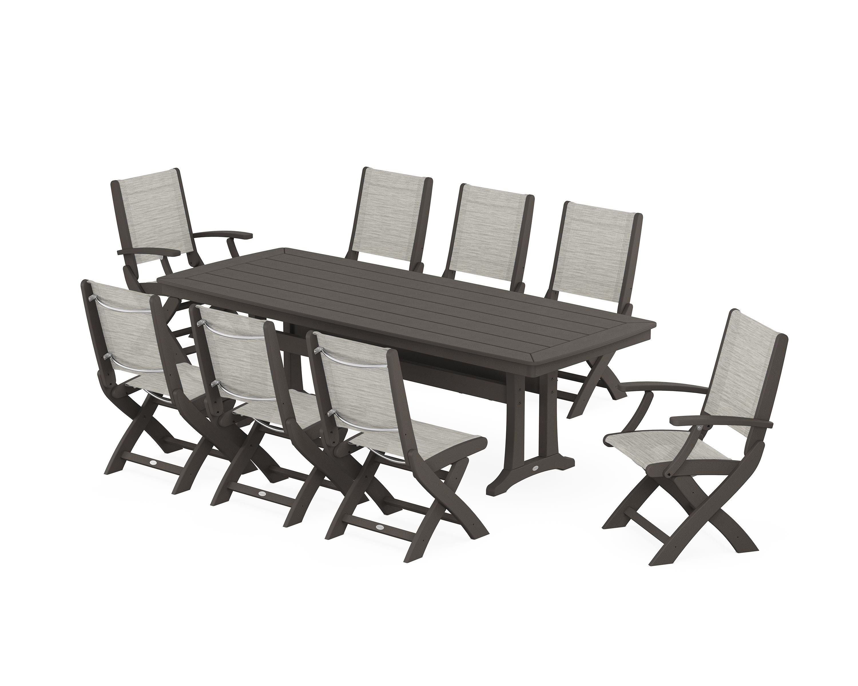 POLYWOOD Coastal Folding 9-Piece Dining Set with Trestle Legs in Vintage Coffee / Birch Sling