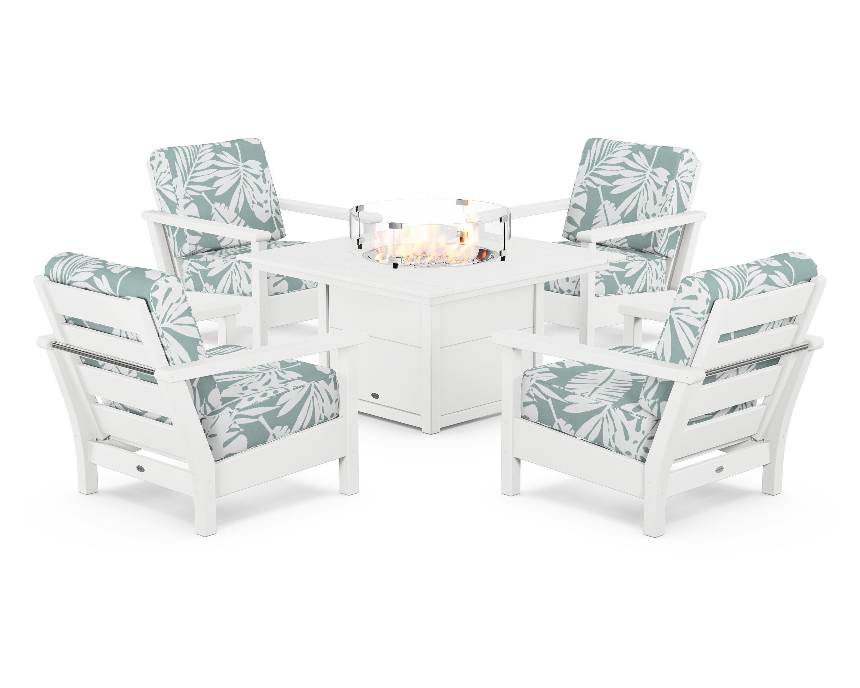 POLYWOOD Harbour 5-Piece Conversation Set with Fire Pit Table in White / Leaf Glacier Spa