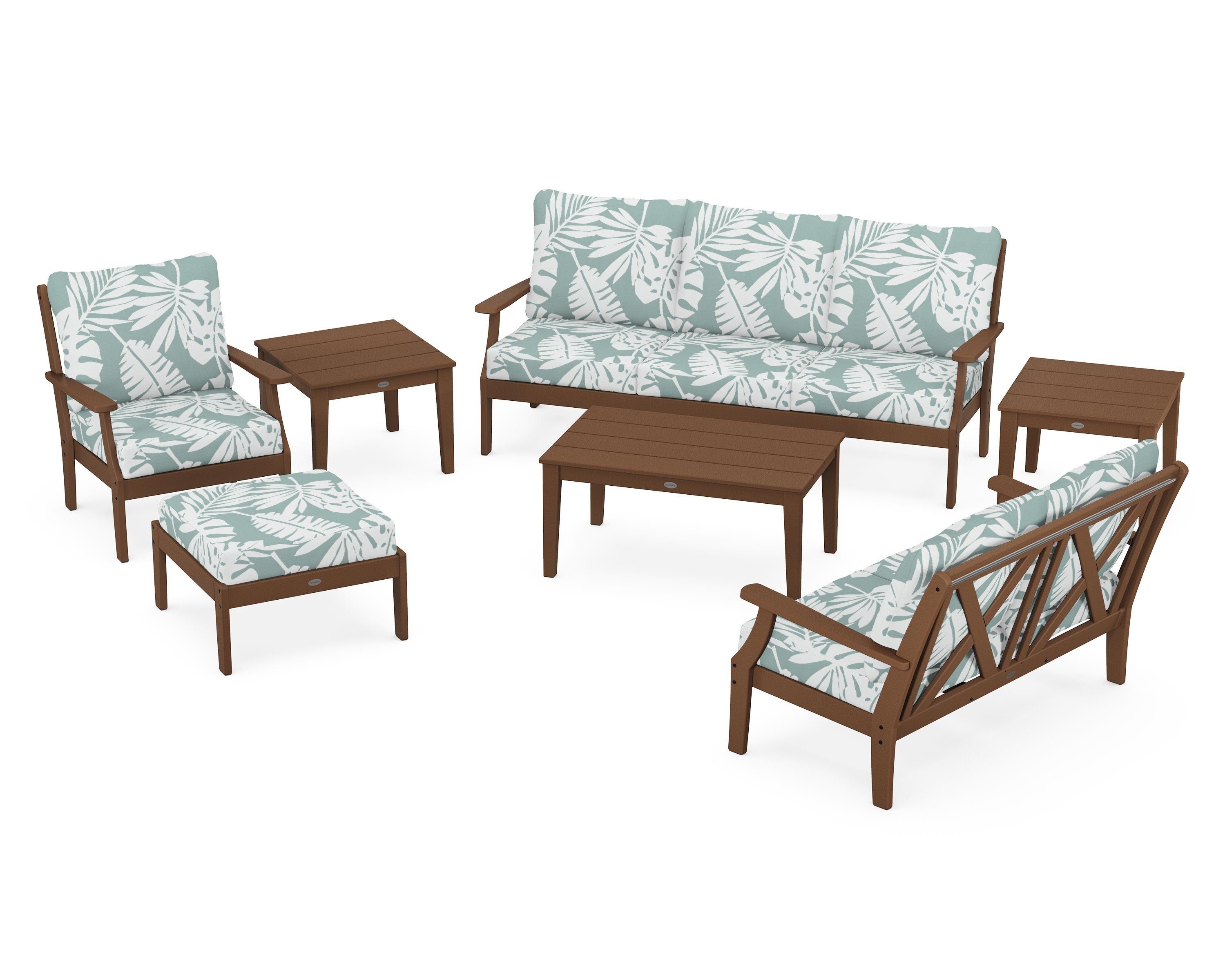 POLYWOOD Braxton 7-Piece Deep Seating Set in Teak / Leaf Glacier Spa