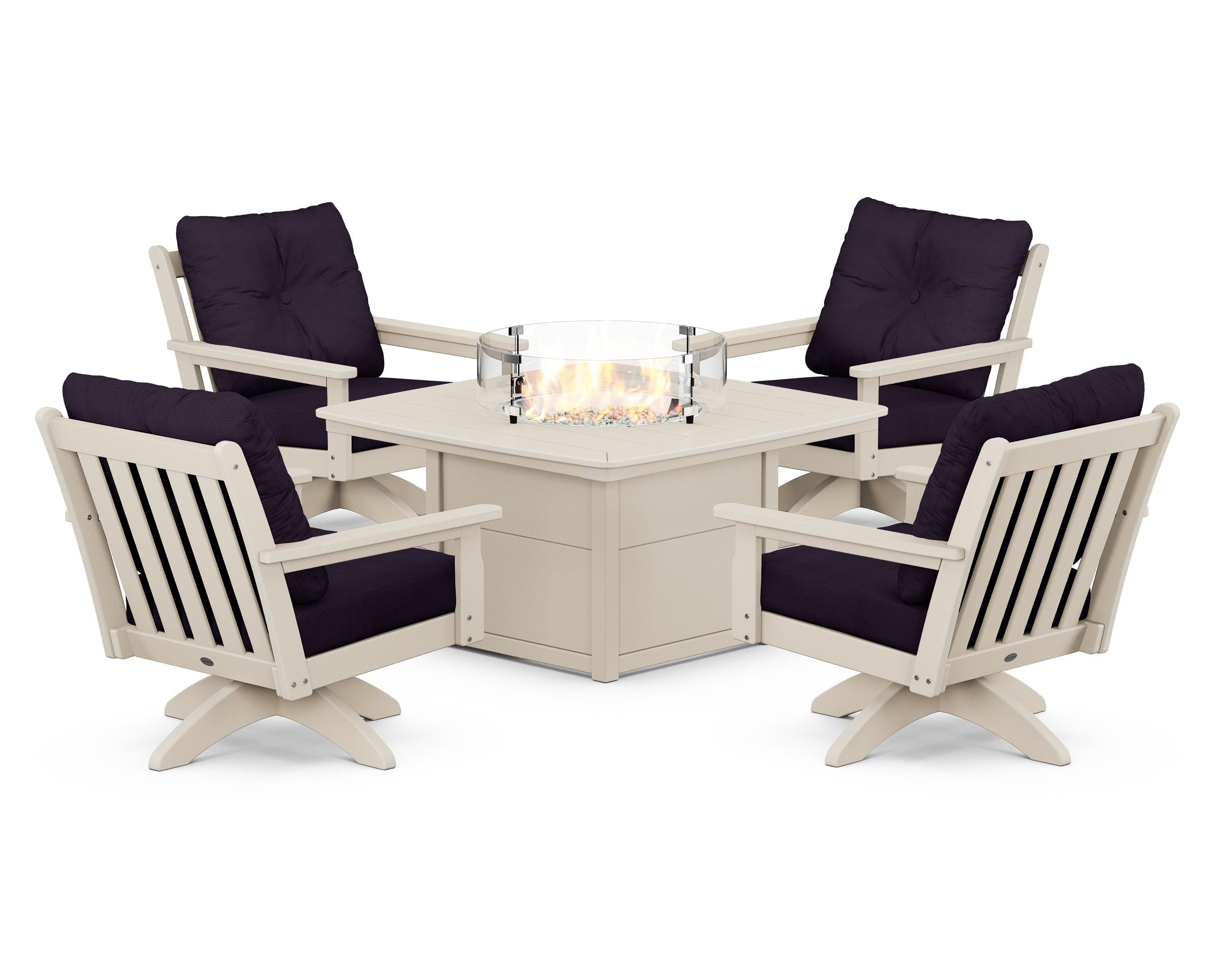 POLYWOOD Vineyard 5-Piece Deep Seating Swivel Conversation Set with Fire Pit Table in Sand / Navy Linen