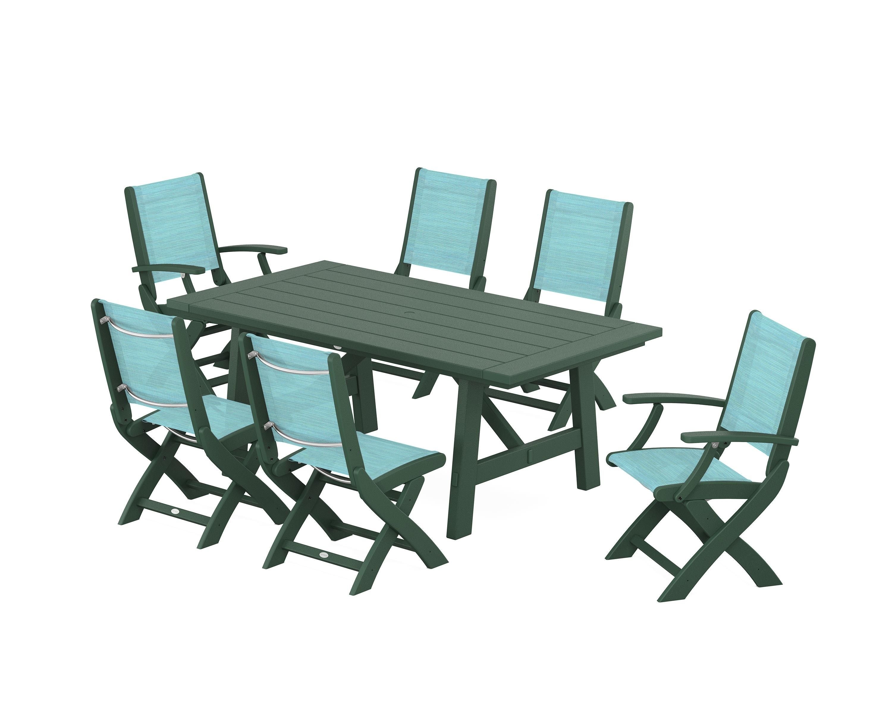 POLYWOOD Coastal Folding Chair 7-Piece Rustic Farmhouse Dining Set in Green / Dupioni Aquamarine Sling