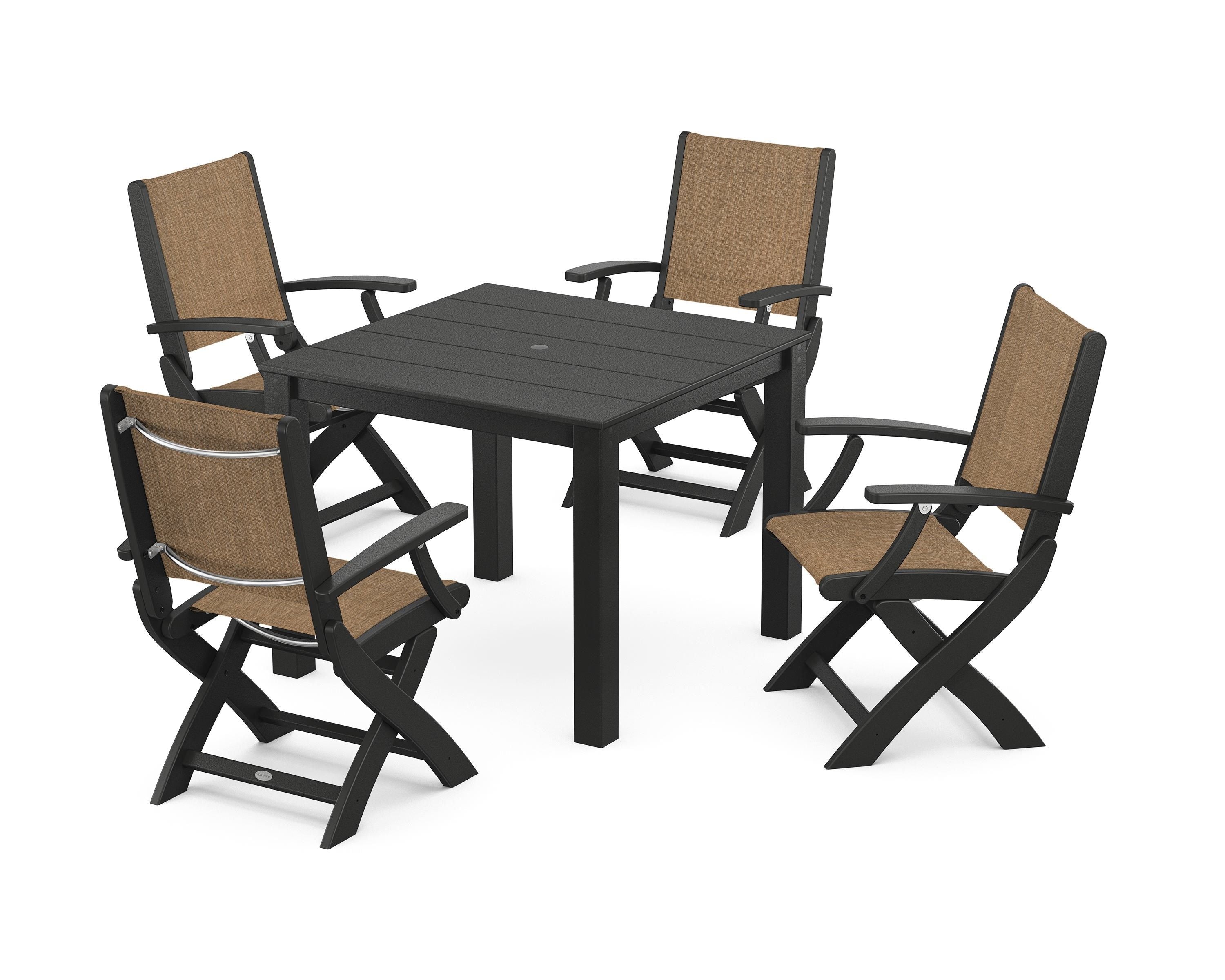 POLYWOOD Coastal Folding Chair 5-Piece Parsons Dining Set in Black / Burlap Sling
