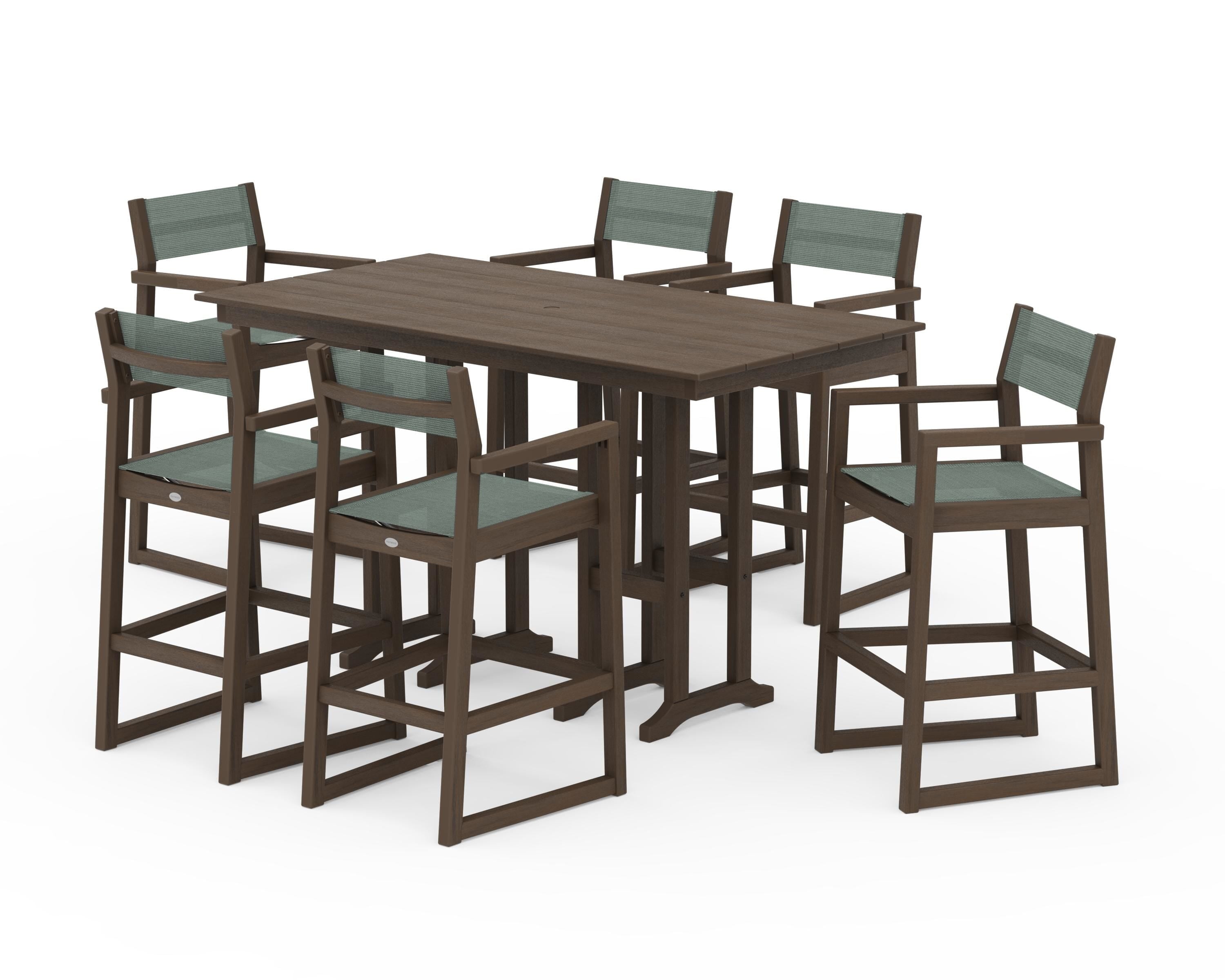 POLYWOOD EDGE Sling Arm Chair 7-Piece Farmhouse Bar Set in Kona / Dupioni Sea Mist Sling
