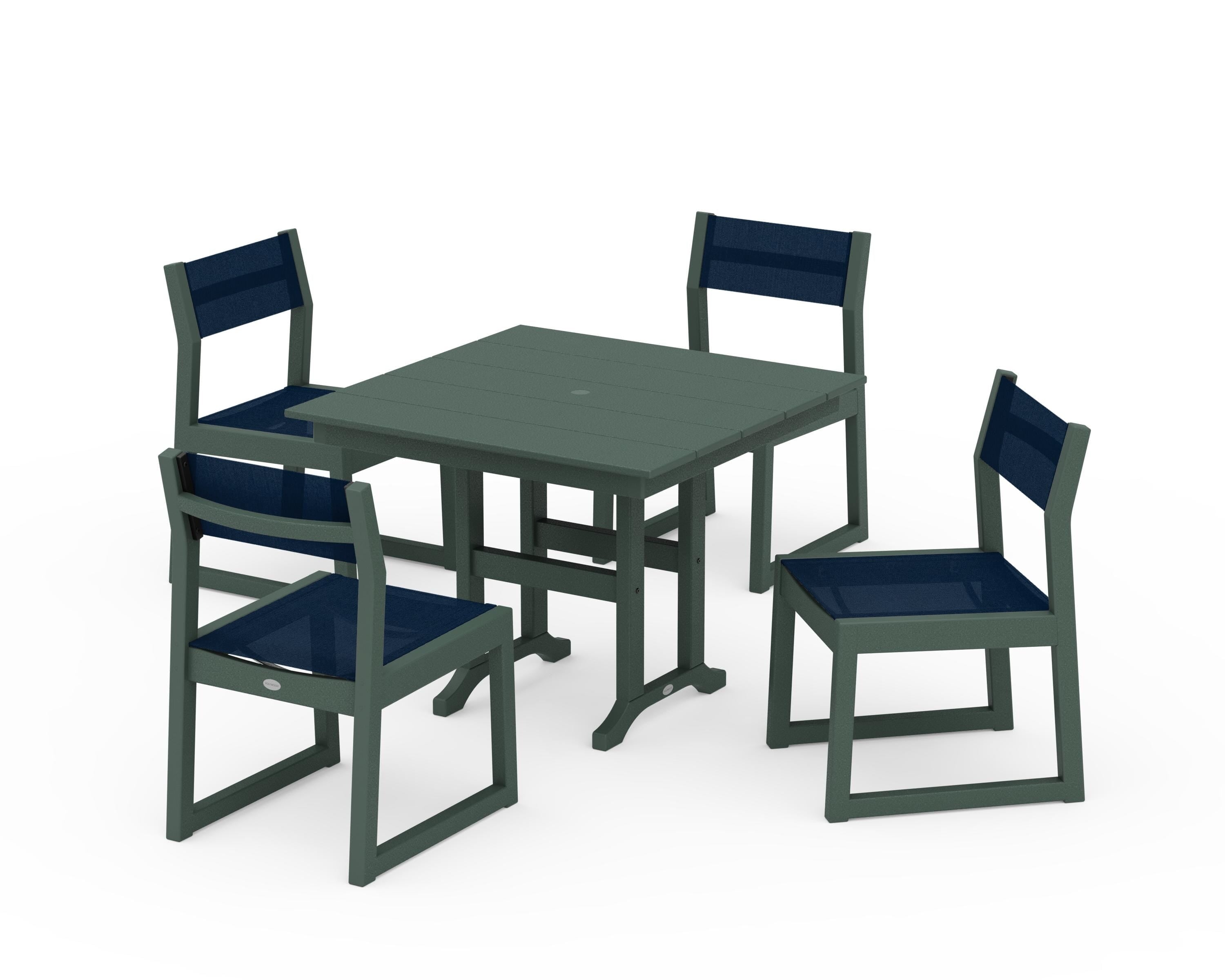 POLYWOOD EDGE Sling Side Chair 5-Piece Farmhouse Dining Set in Green / Navy Blue Sling