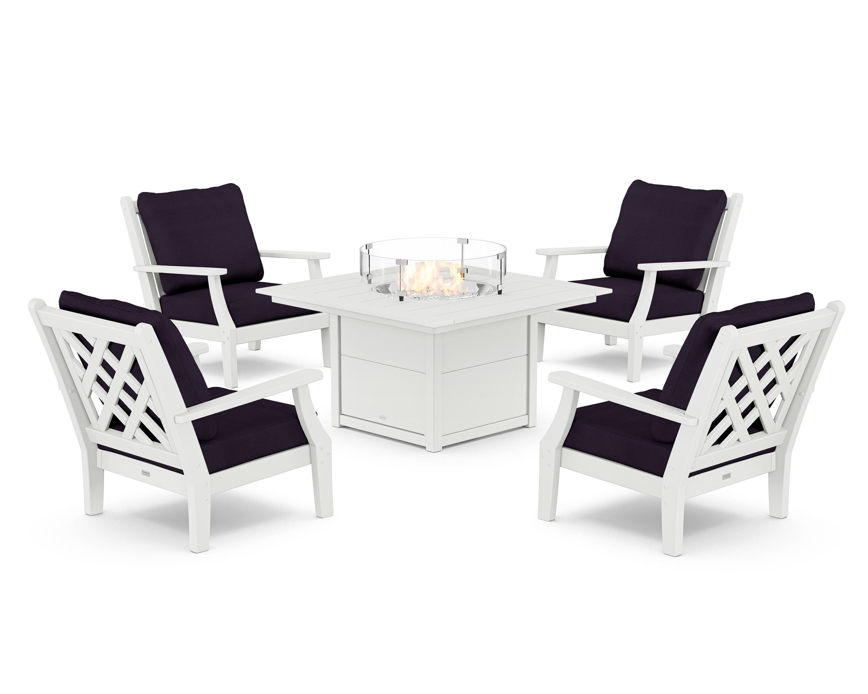 Country Living Wovendale 5-Piece Deep Seating Set with Fire Pit Table in White / Navy Linen