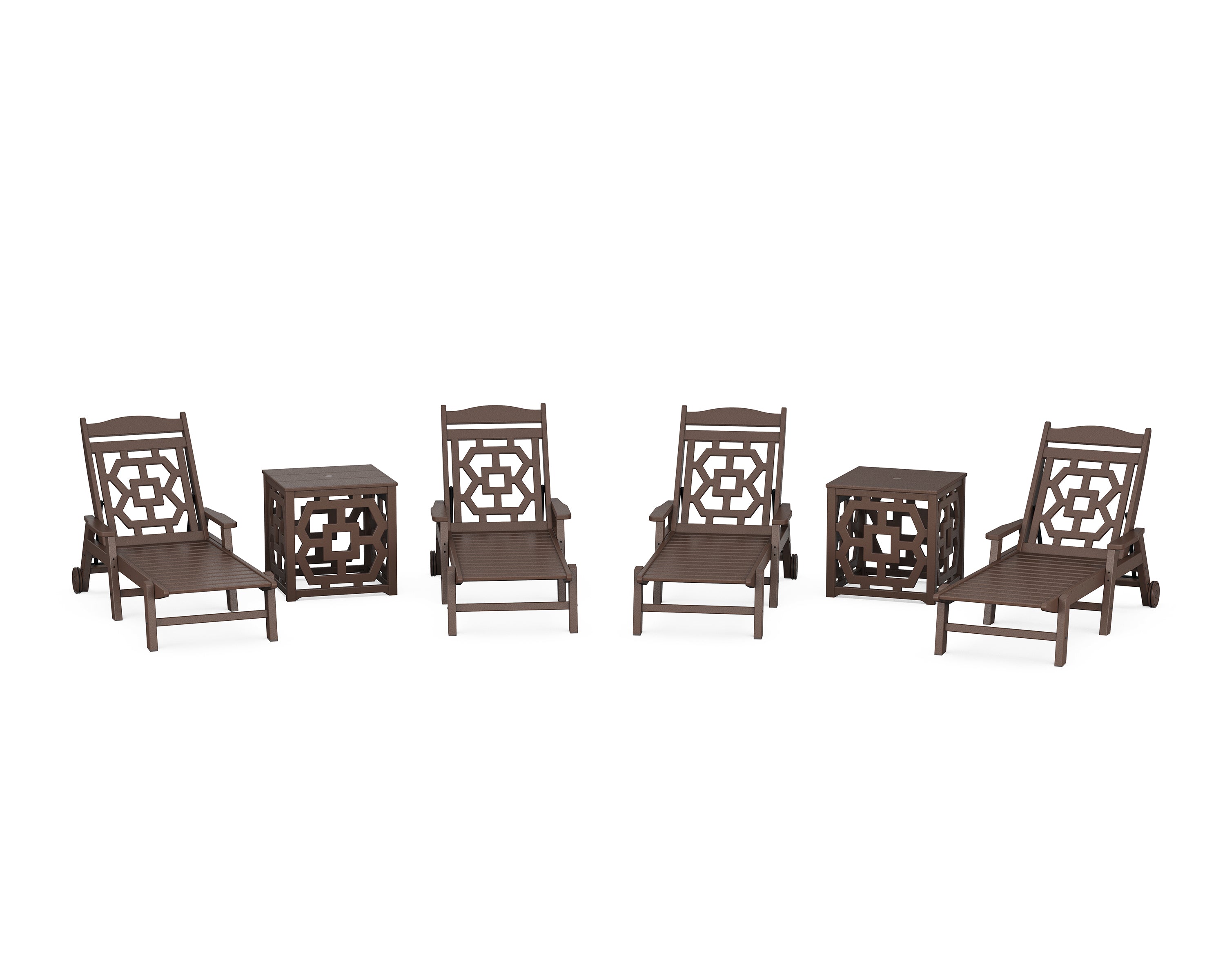 Martha Stewart by POLYWOOD Chinoiserie 6-Piece Chaise Set with Umbrella Stand Accent Table in Mahogany