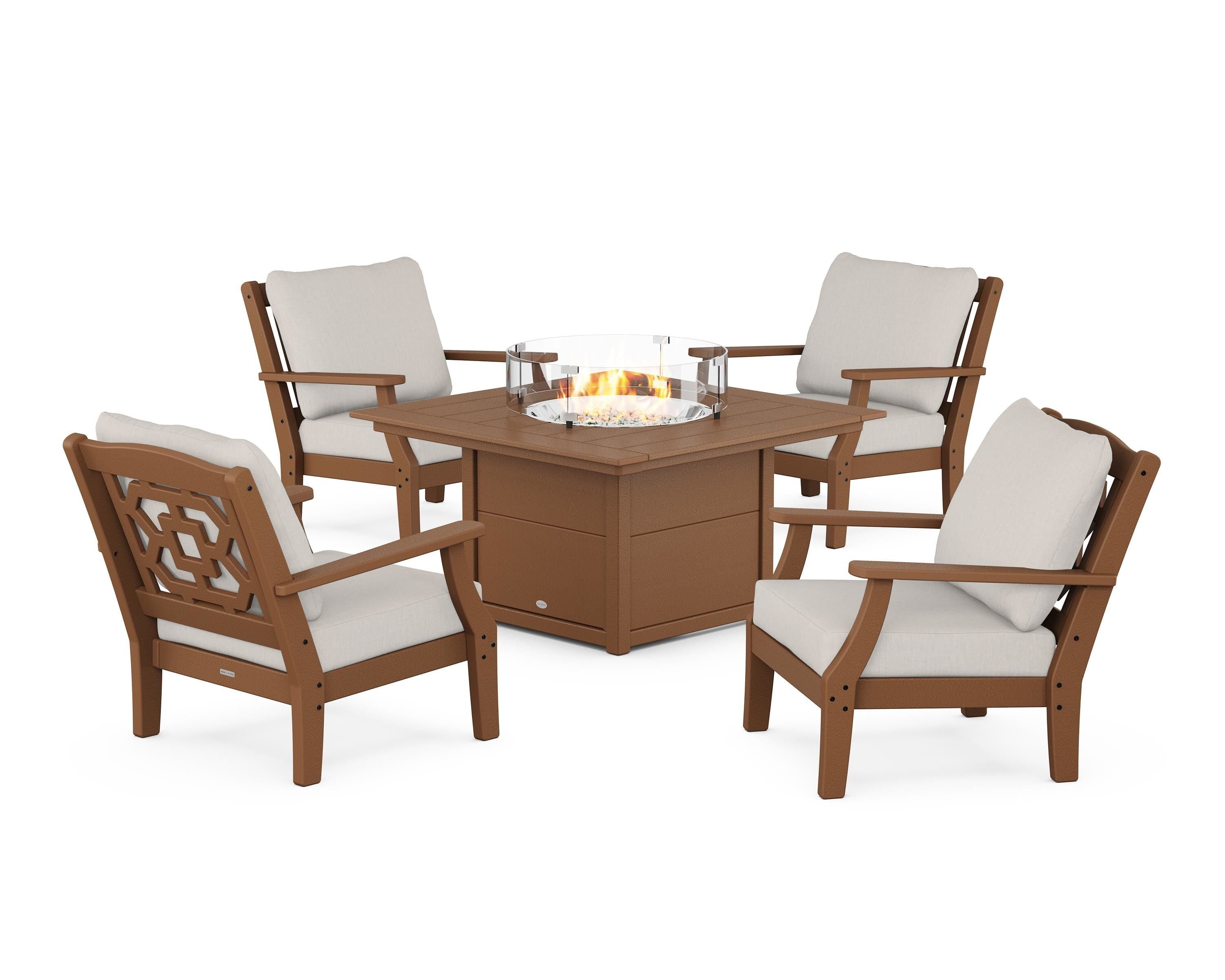 Martha Stewart by POLYWOOD Chinoiserie 5-Piece Deep Seating Set with Fire Pit Table in Teak / Cast Ash