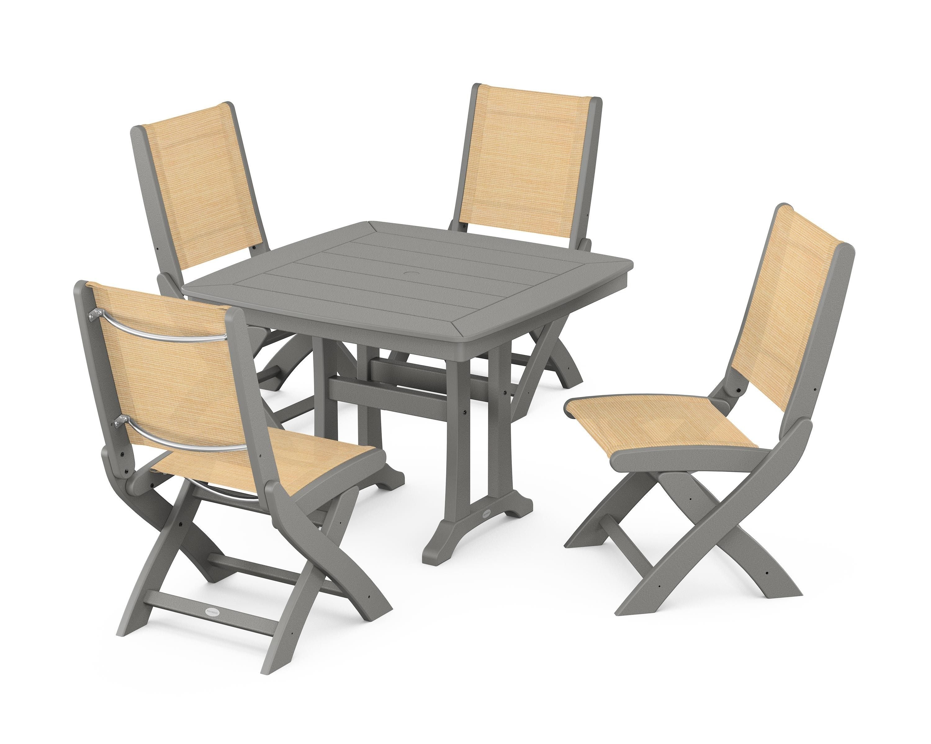 POLYWOOD Coastal Folding Side Chair 5-Piece Dining Set with Trestle Legs in Slate Grey / Dupioni Apricot Sling