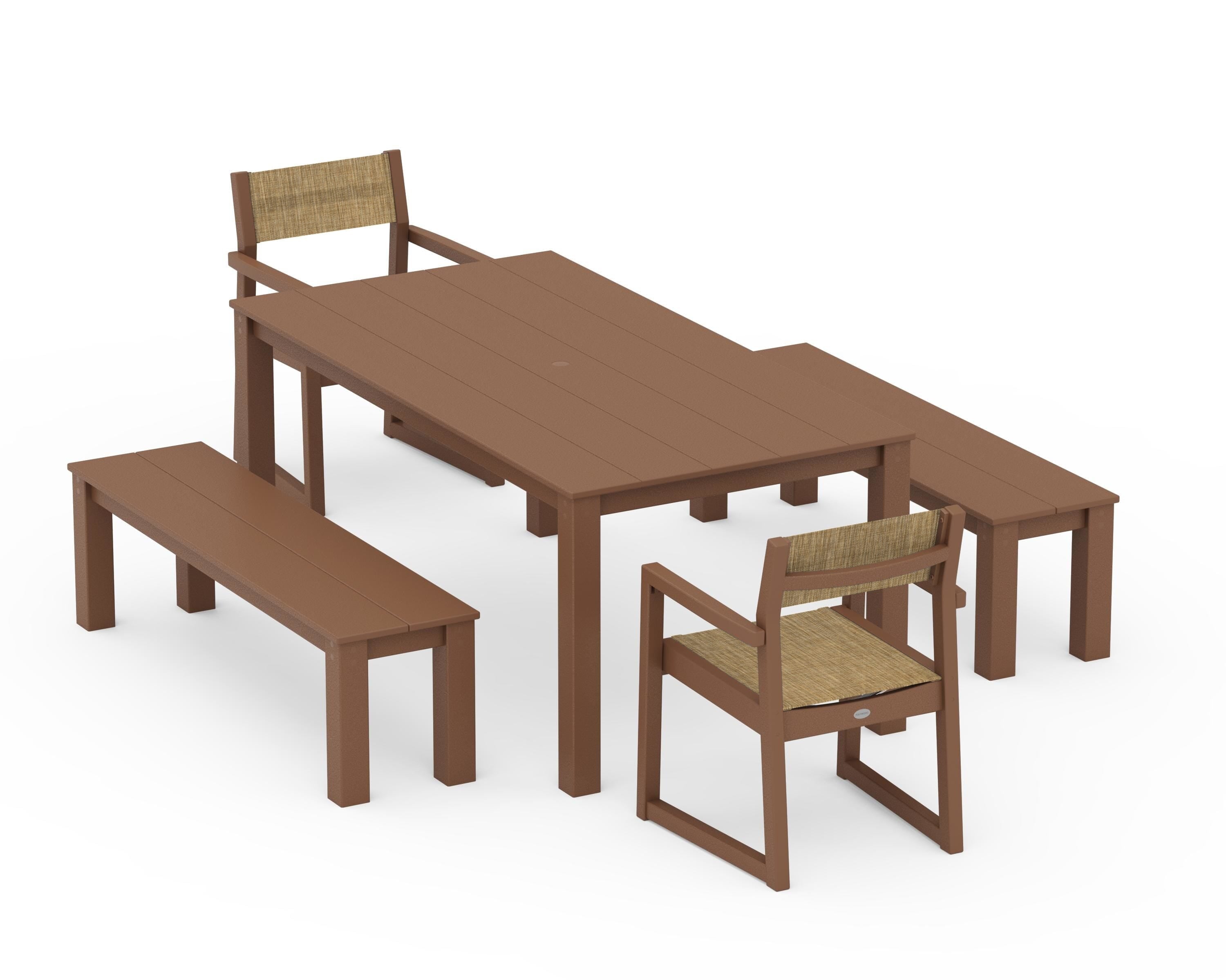 POLYWOOD EDGE Sling Arm Chair 5-Piece Parsons Dining Set with Benches in Teak / Burlap Sling