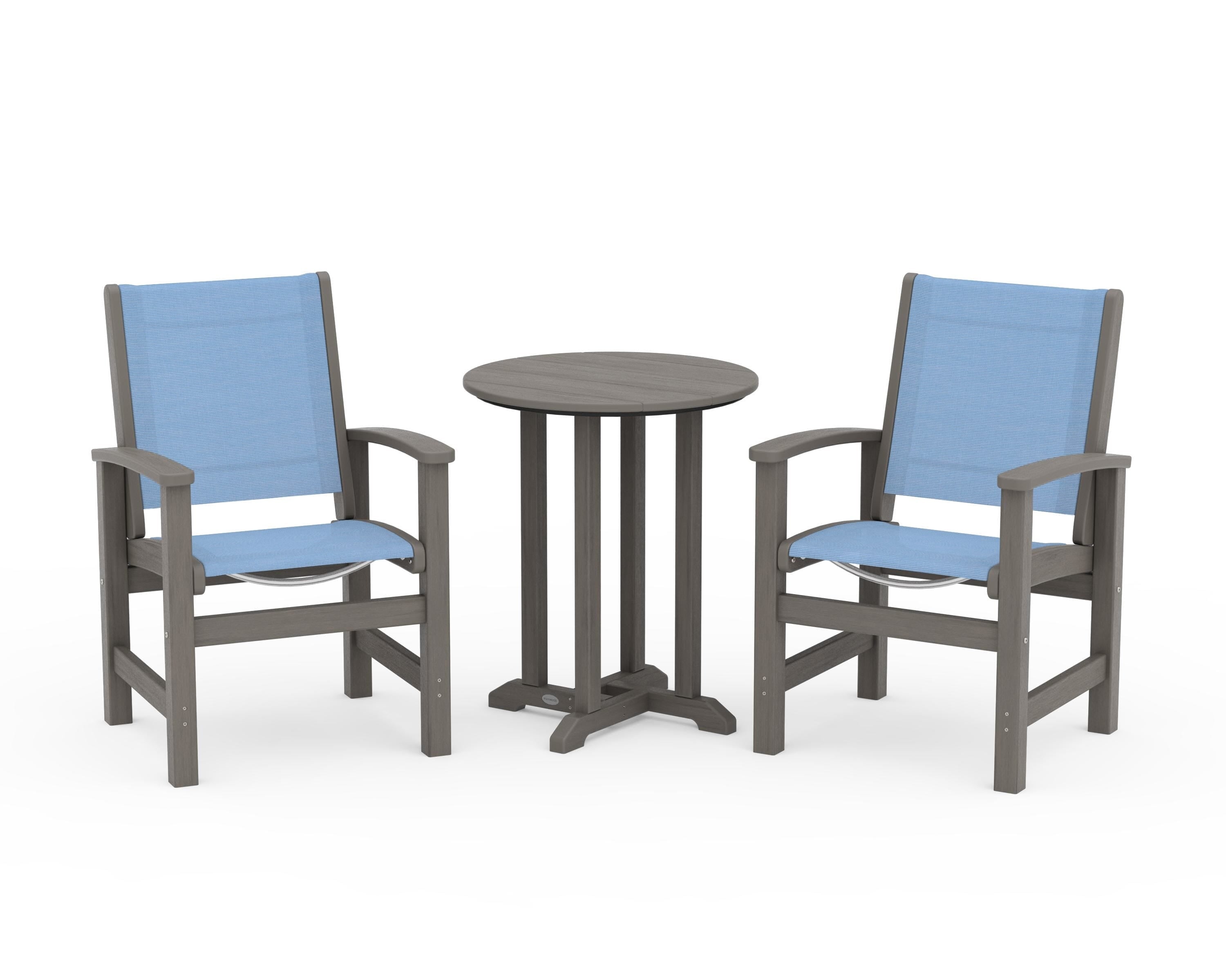 POLYWOOD Coastal 3-Piece Round Bistro Dining Set in Driftwood / Poolside Sling