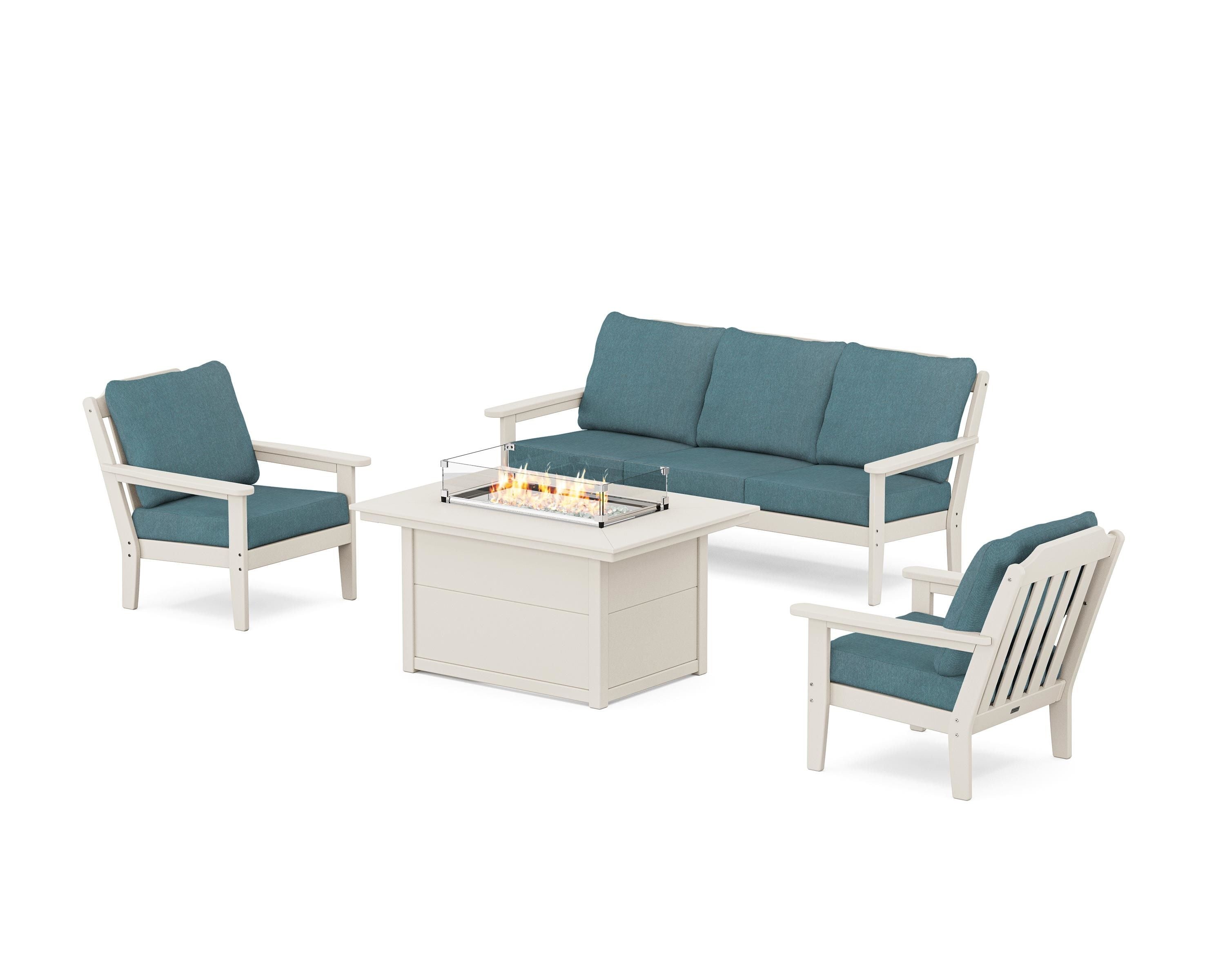 Country Living Cottage Deep Seating Fire Pit Table Set in Sand / Ocean Teal