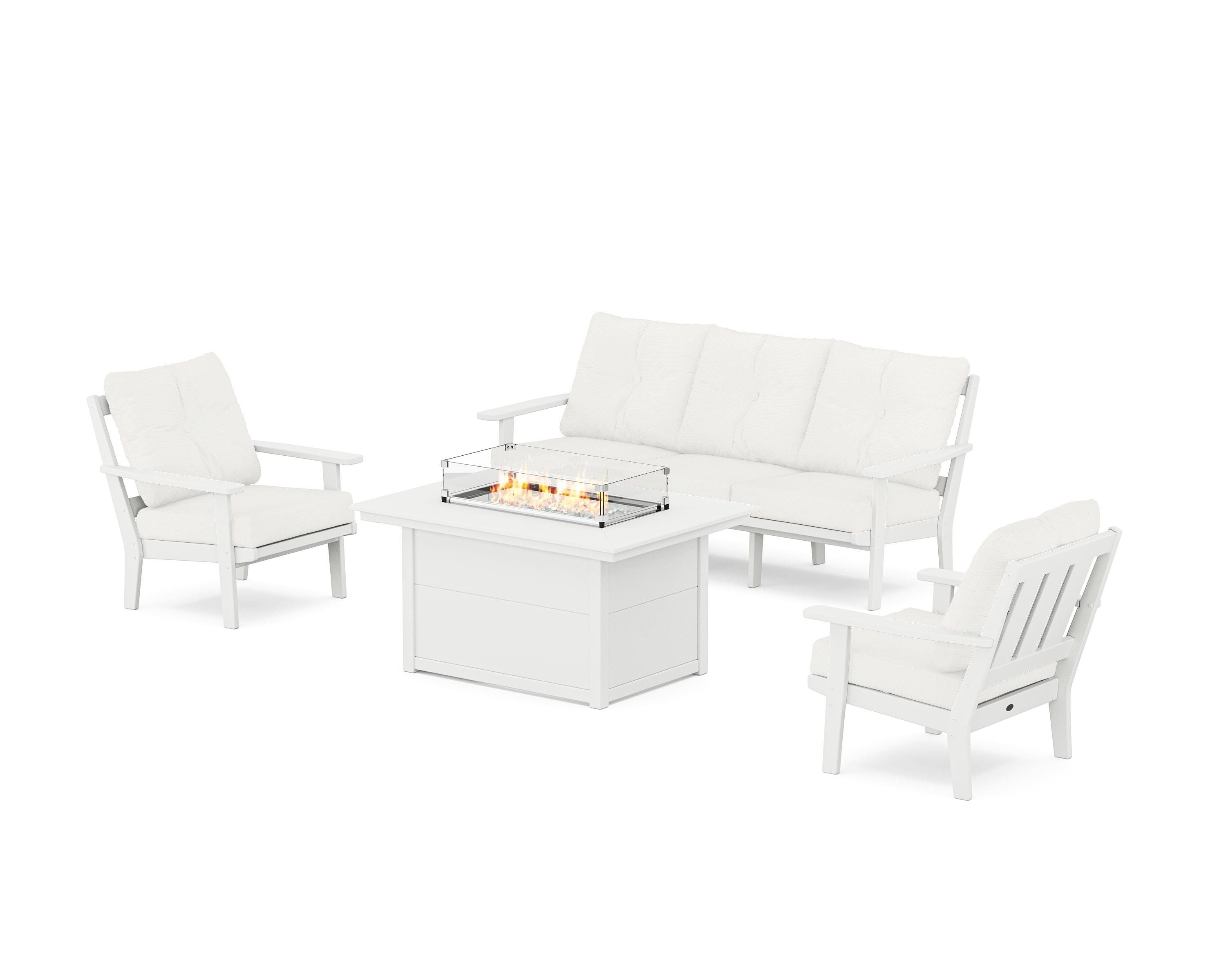POLYWOOD Oxford Deep Seating Fire Pit Table Set in White / Natural Linen