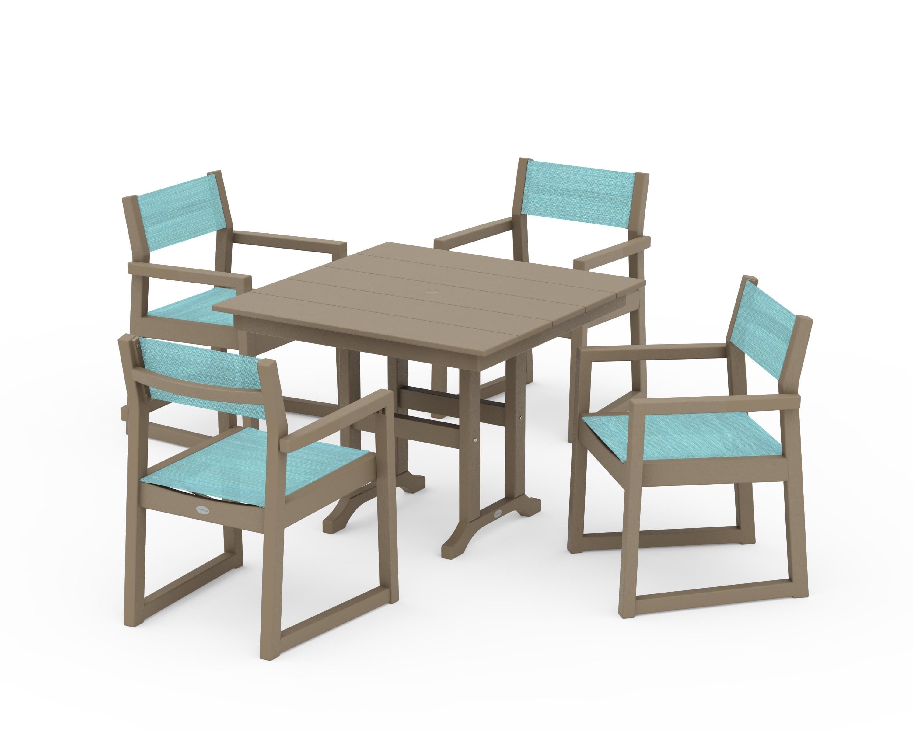 POLYWOOD EDGE Sling Arm Chair 5-Piece Farmhouse Dining Set in Vintage Sahara / Dupioni Aquamarine Sling
