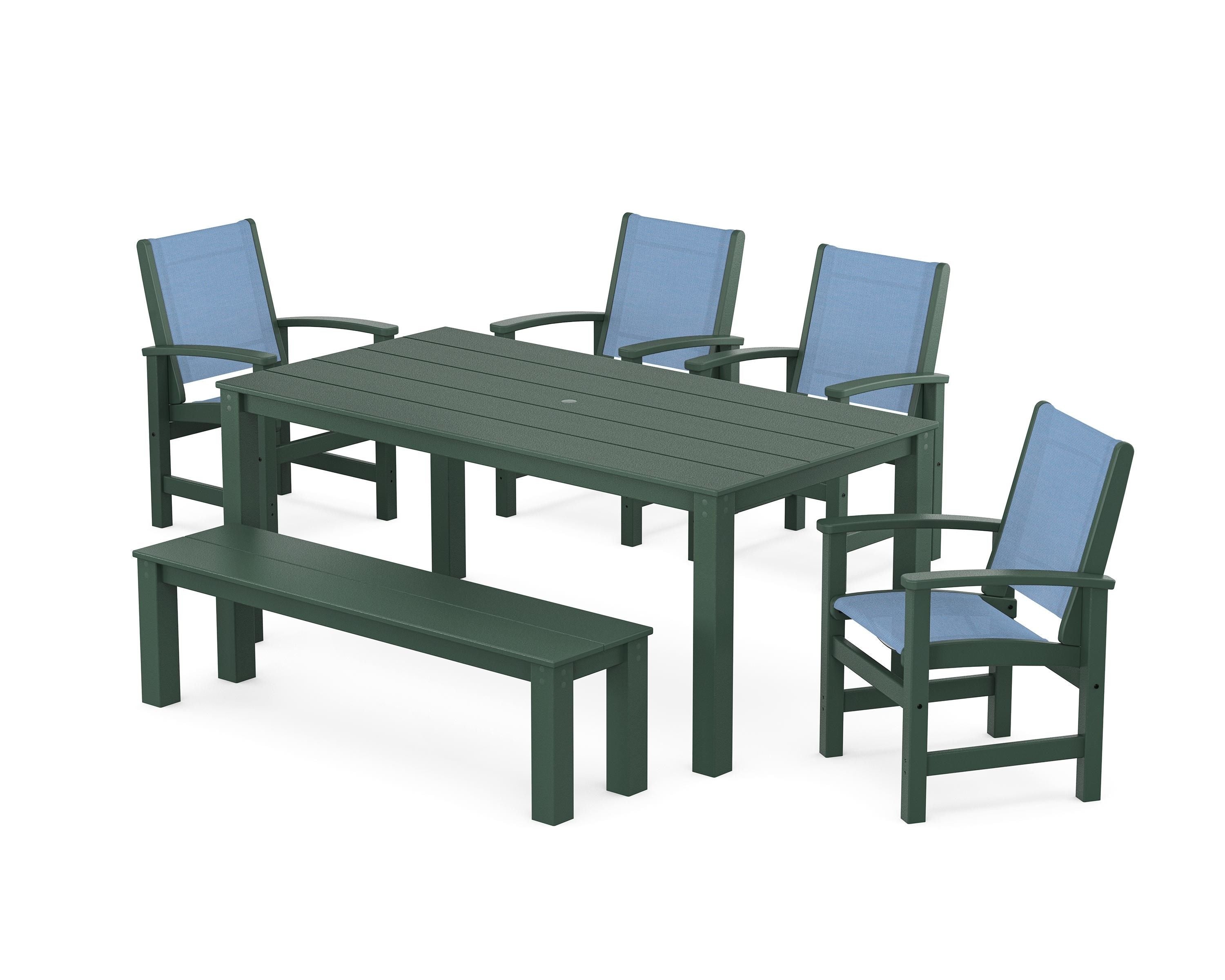 POLYWOOD Coastal 6-Piece Parsons Dining Set with Bench in Green / Poolside Sling