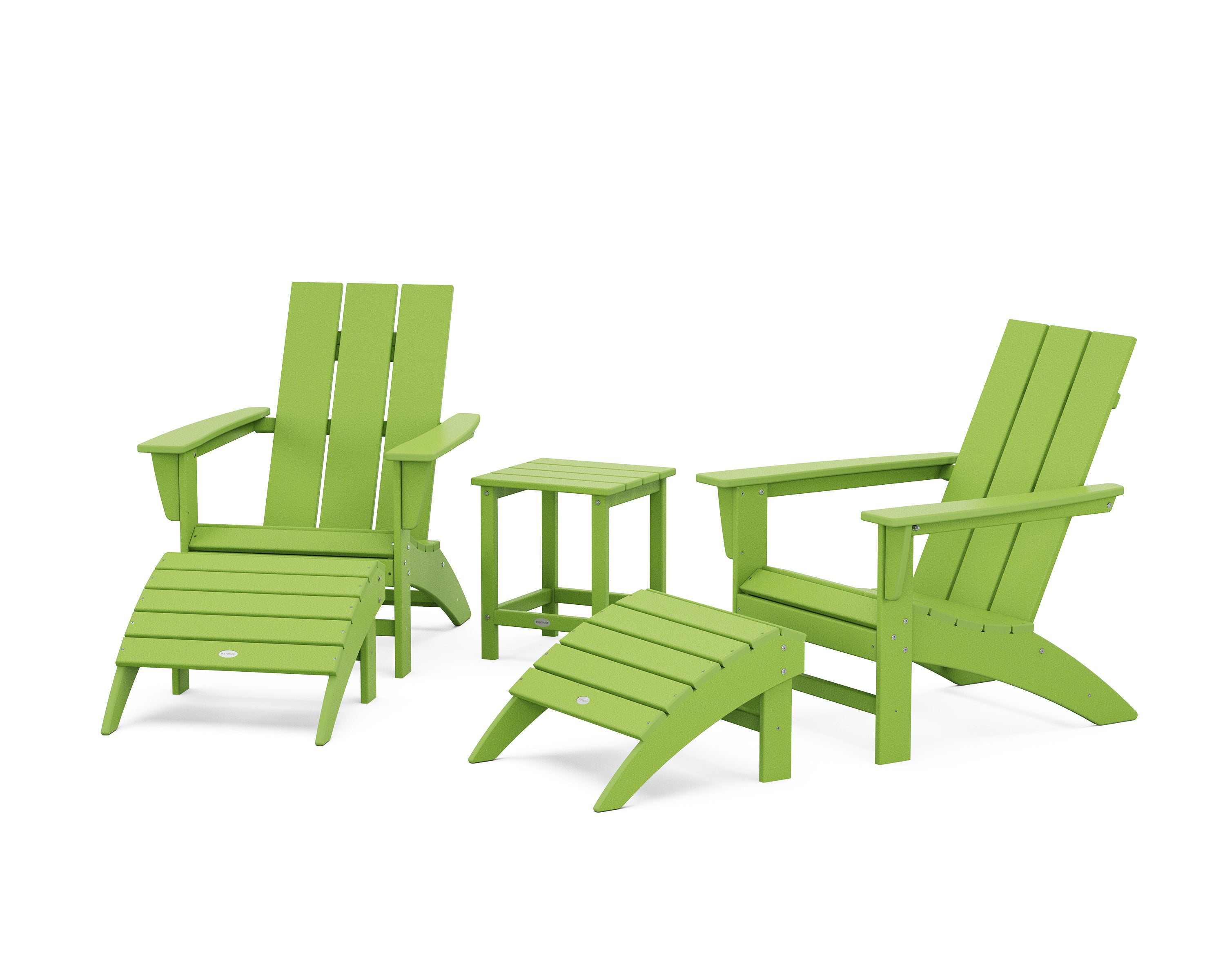 POLYWOOD® Modern Adirondack Chair 5-Piece Set with Ottomans and 18" Side Table in Lime