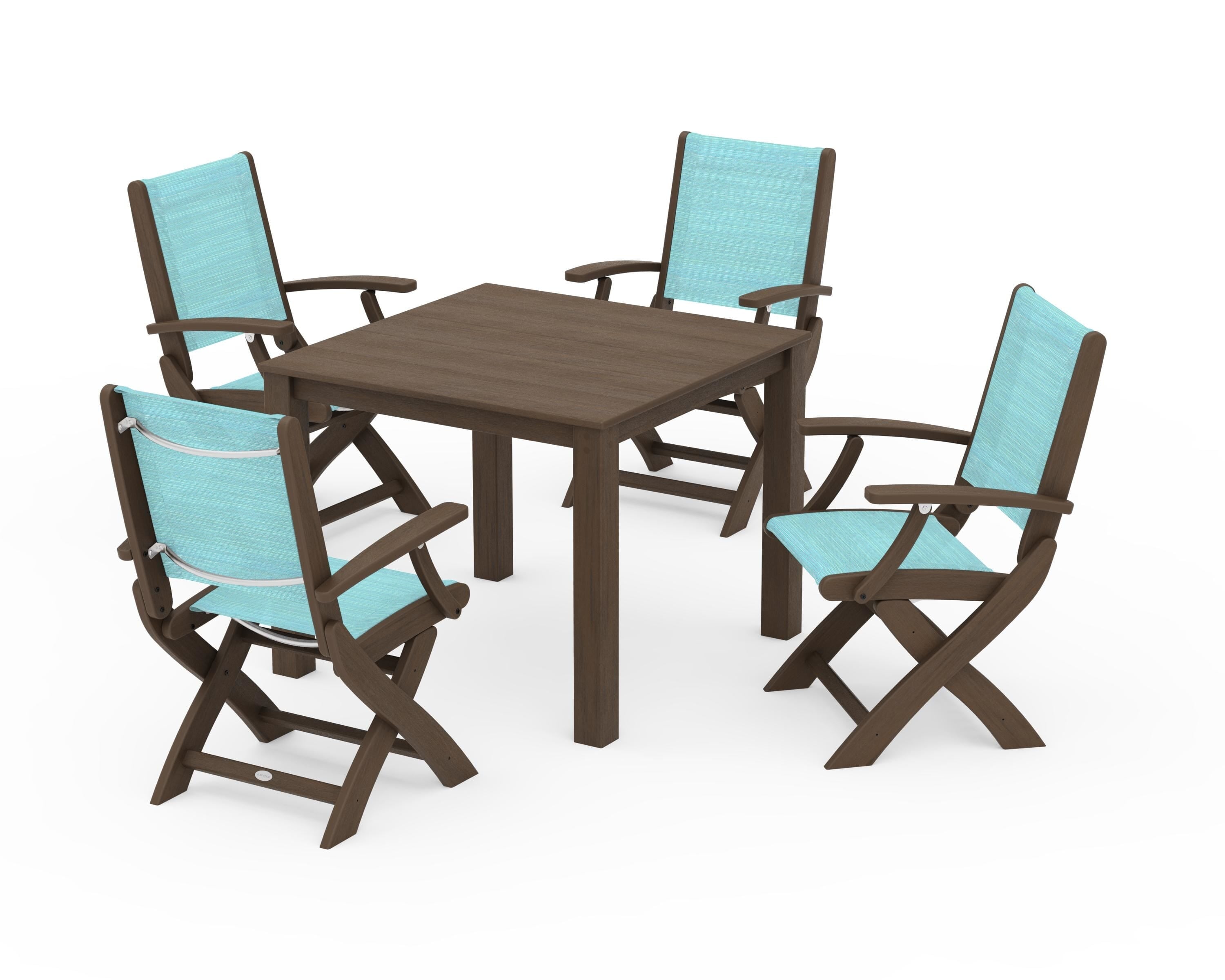 POLYWOOD Coastal Folding Chair 5-Piece Parsons Dining Set in Kona / Dupioni Aquamarine Sling