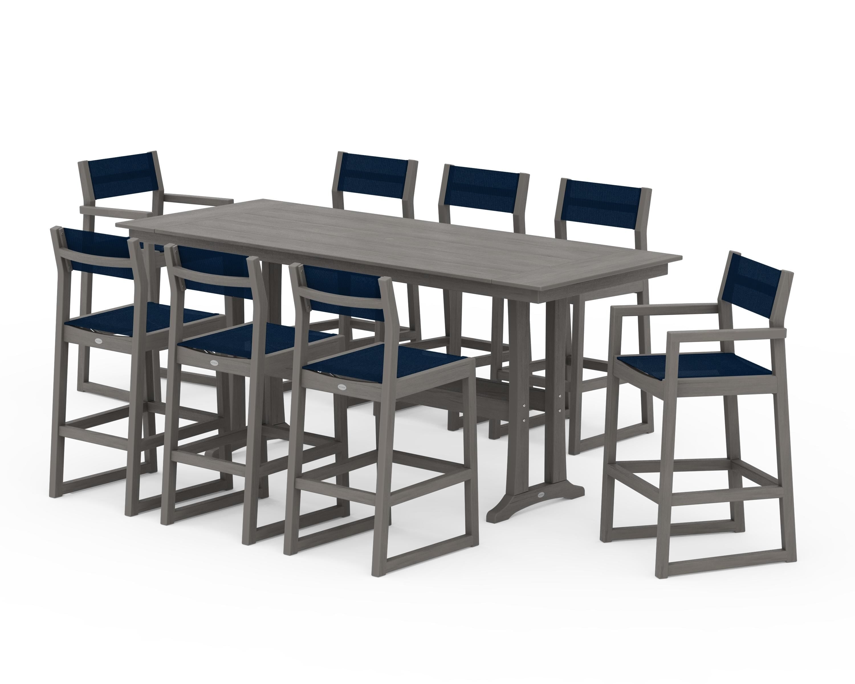 POLYWOOD EDGE Sling 9-Piece Farmhouse Bar Set with Trestle Legs in Driftwood / Navy Blue Sling