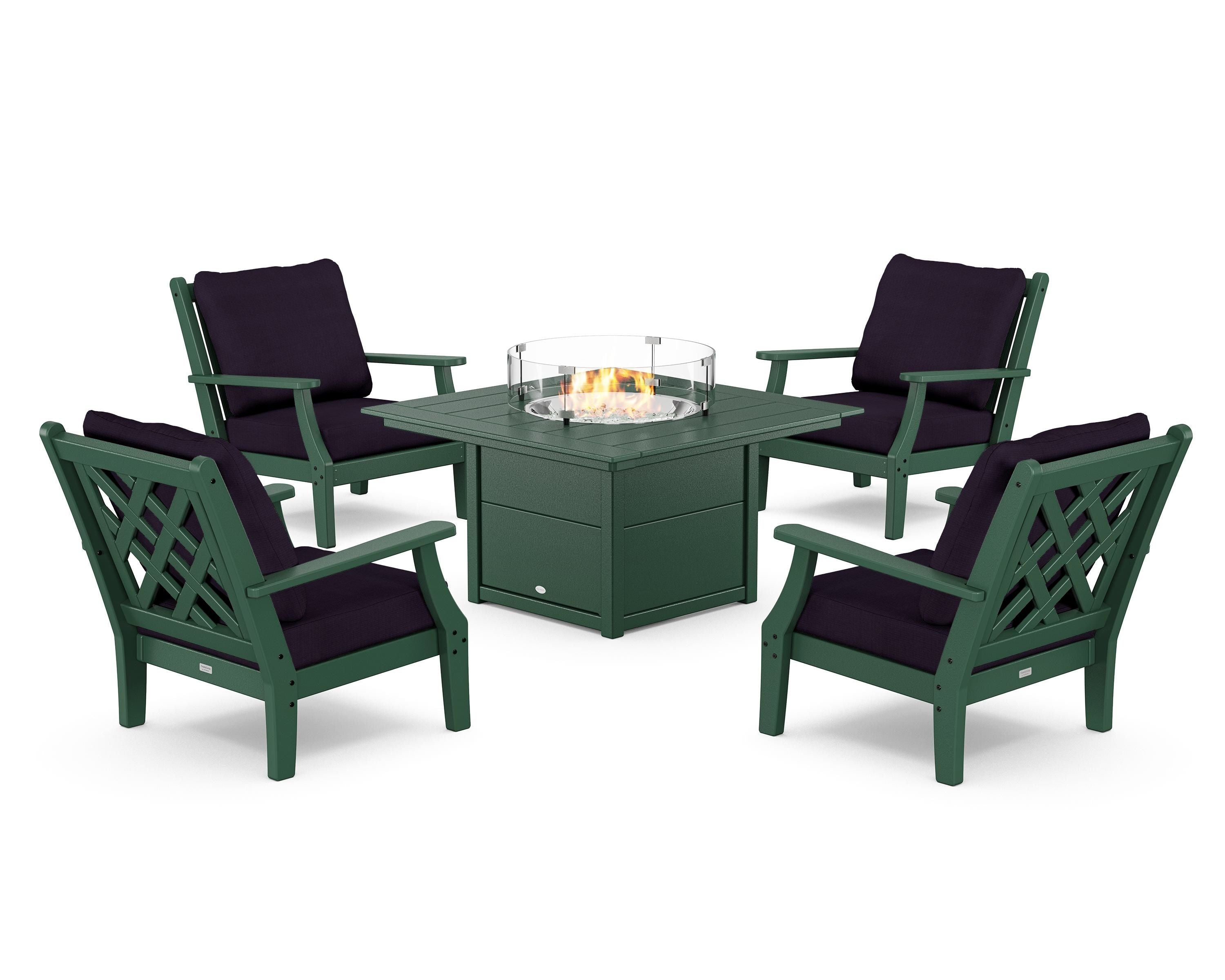 Country Living Wovendale 5-Piece Deep Seating Set with Fire Pit Table in Green / Navy Linen