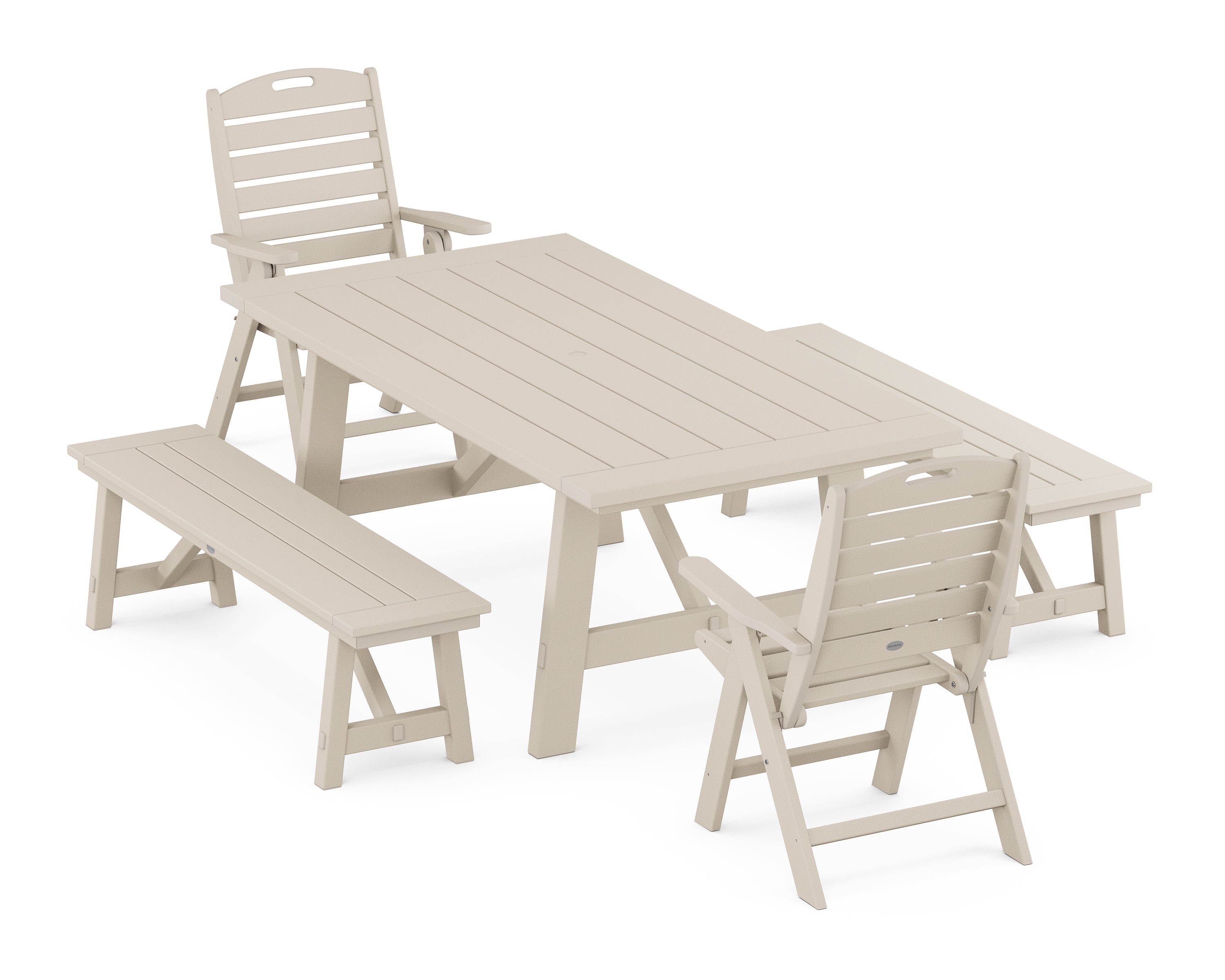 POLYWOOD Nautical Folding Highback Chair 5-Piece Rustic Farmhouse Dining Set With Benches in Sand
