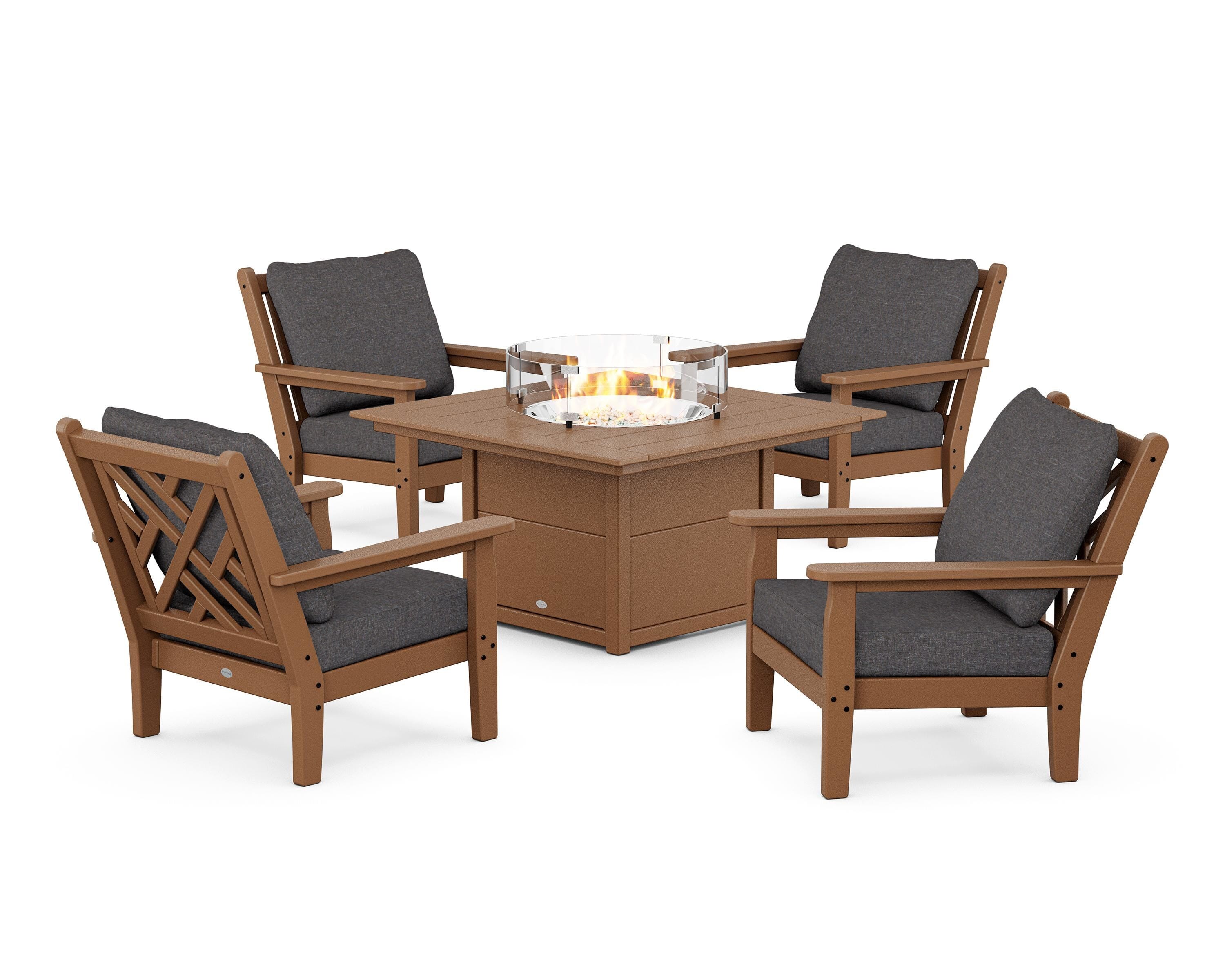 POLYWOOD Chippendale 5-Piece Deep Seating Set with Fire Pit Table in Teak / Ash Charcoal