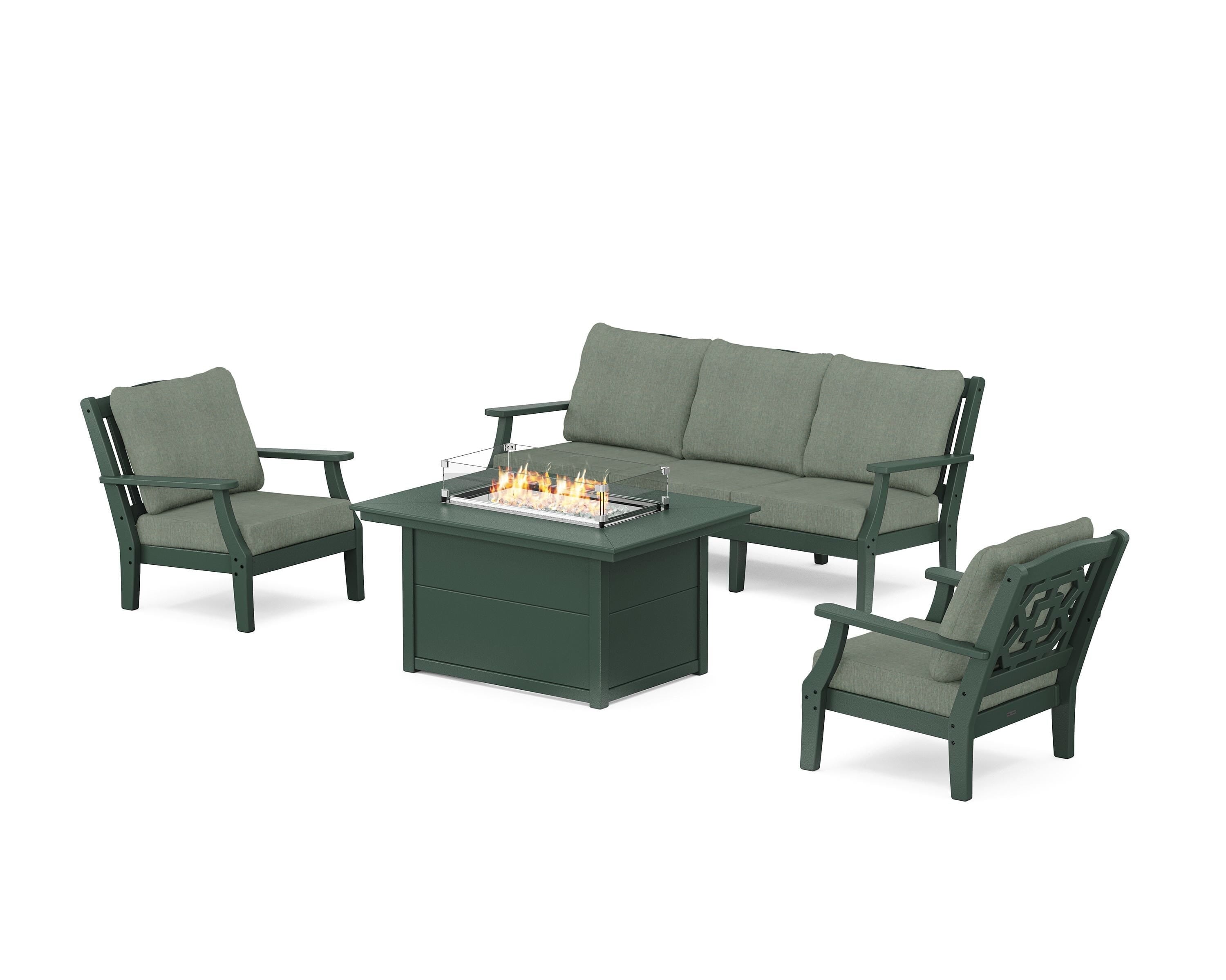 Martha Stewart by POLYWOOD Chinoiserie Deep Seating Fire Pit Table Set in Green / Cast Sage