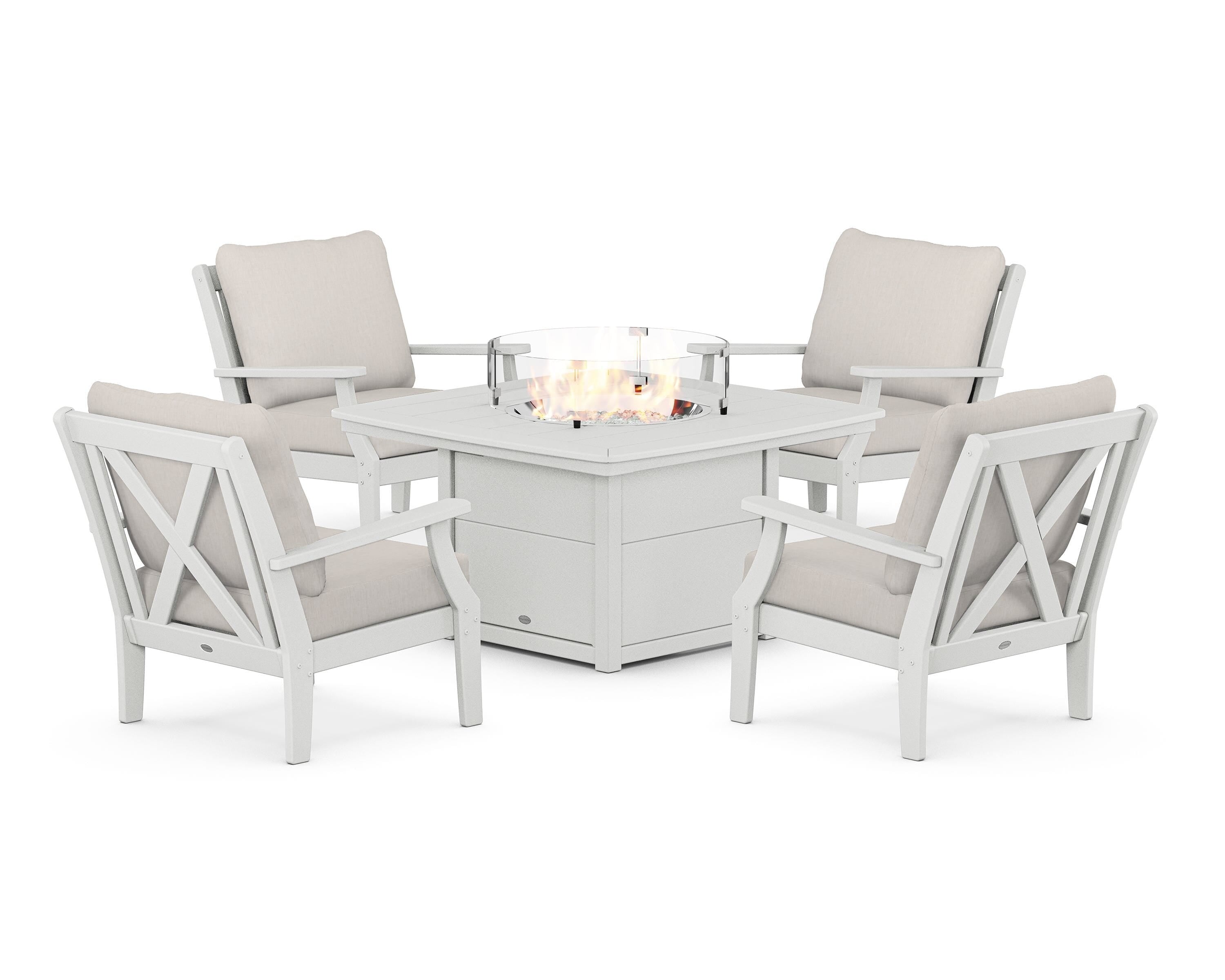 POLYWOOD Braxton 5-Piece Deep Seating Conversation Set with Fire Pit Table in White / Cast Ash