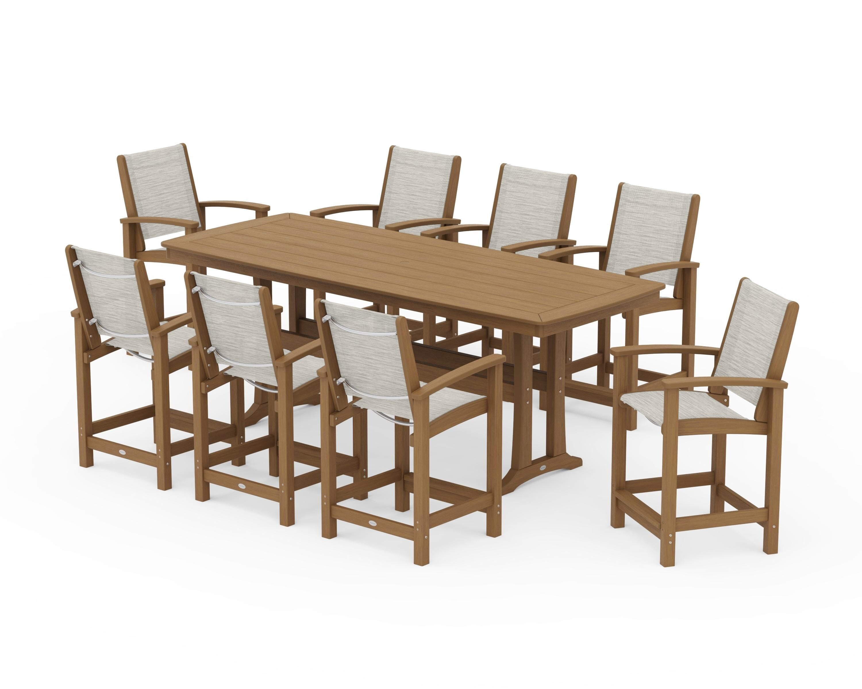 POLYWOOD Coastal 9-Piece Counter Set with Trestle Legs in Natural / Birch Sling