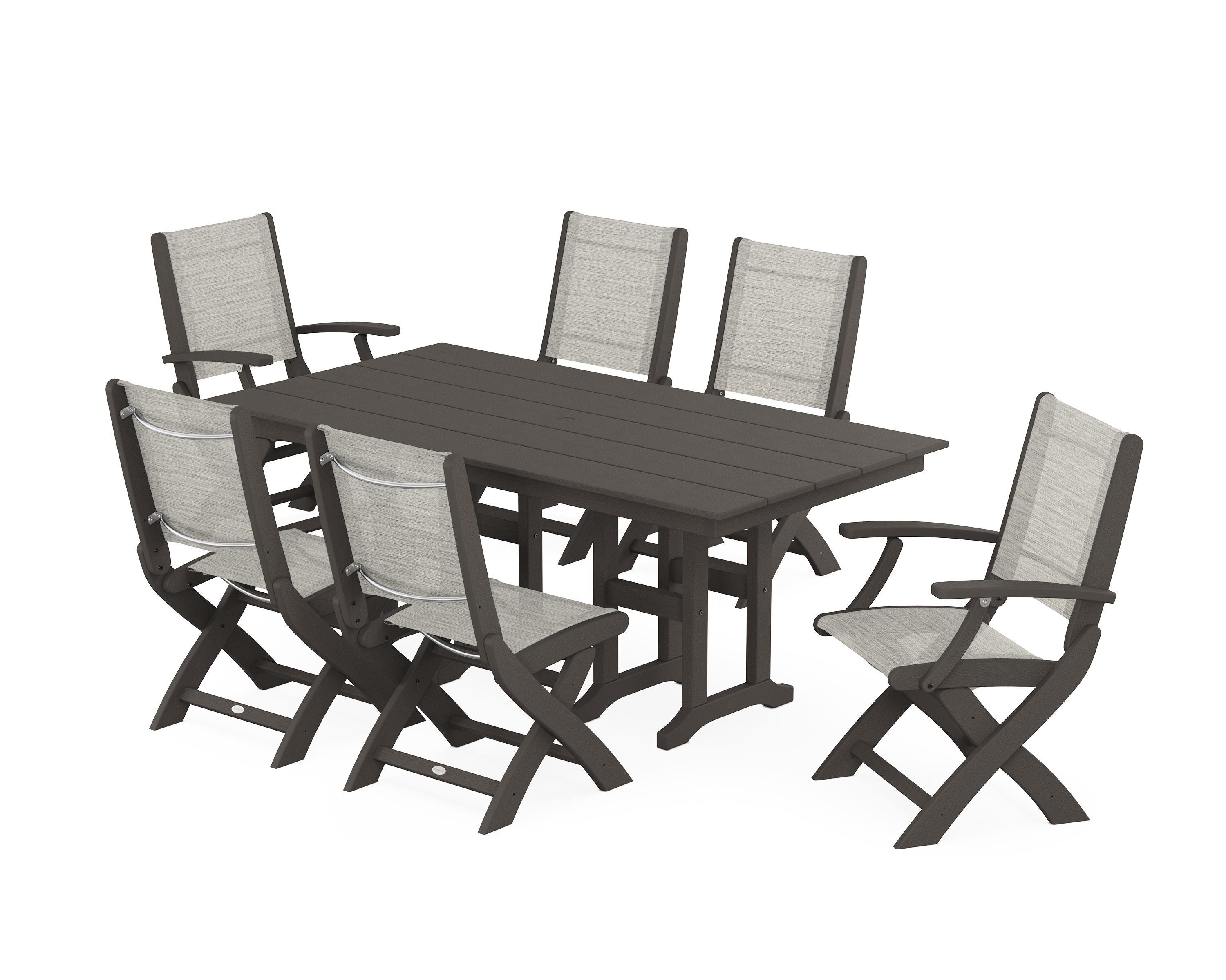 POLYWOOD Coastal Folding Chair 7-Piece Farmhouse Dining Set in Vintage Coffee / Birch Sling