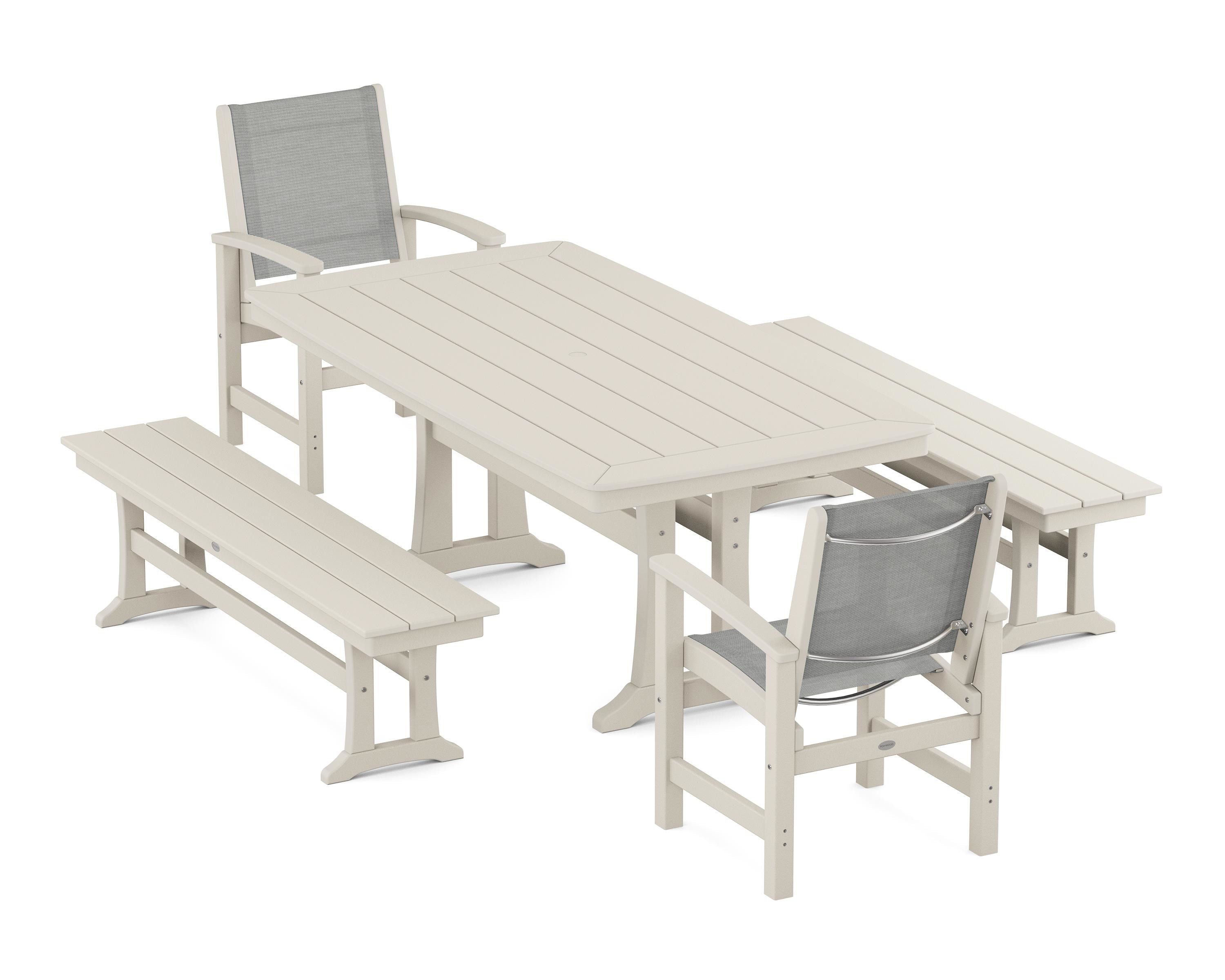 POLYWOOD Coastal 5-Piece Dining Set with Trestle Legs and Benches in Sand / Metallic Sling
