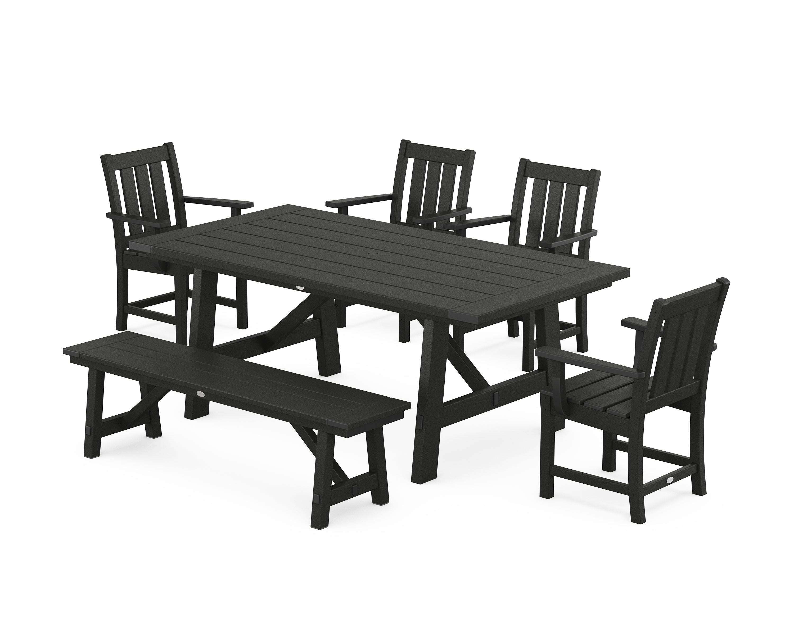 POLYWOOD Oxford 6-Piece Rustic Farmhouse Dining Set with Bench in Black