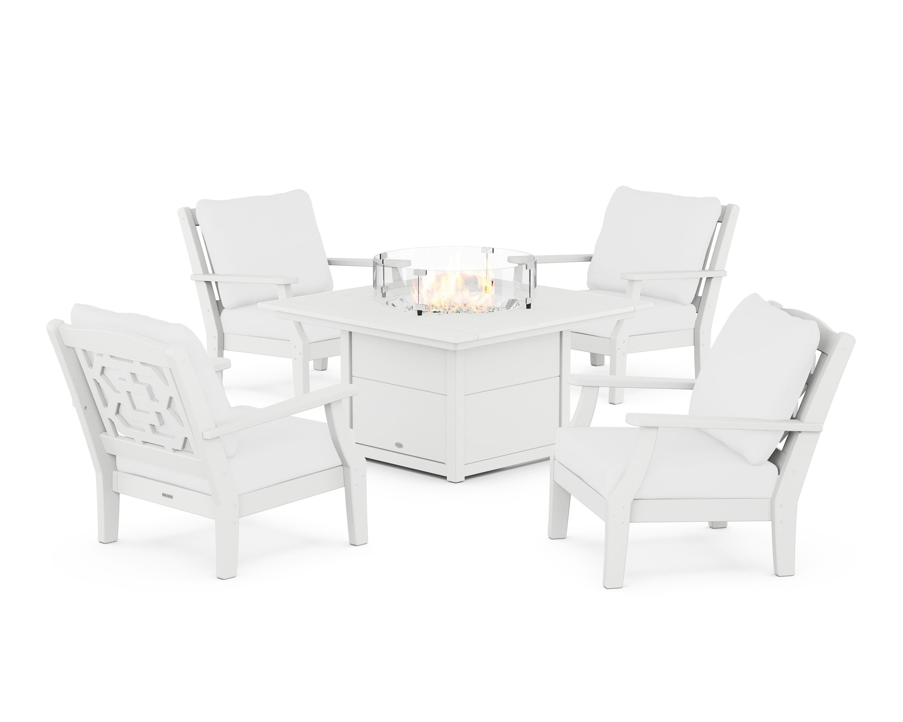 Martha Stewart by POLYWOOD Chinoiserie 5-Piece Deep Seating Set with Fire Pit Table in White / Natural
